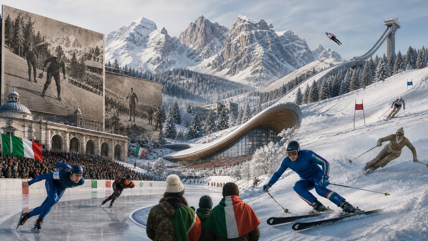 Pemandangan pegunungan Alpen bersalju dengan arena olahraga musim dingin, atlet, dan penonton yang menggambarkan sejarah Italia sebagai tuan rumah Olimpiade Musim Dingin.