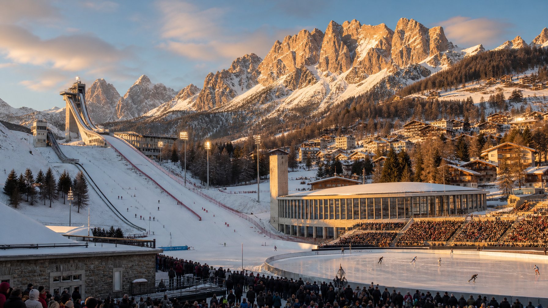 Pemandangan arena olahraga musim dingin di pegunungan Dolomites Italia dengan atlet, penonton, dan fasilitas Olimpiade berselimut salju.