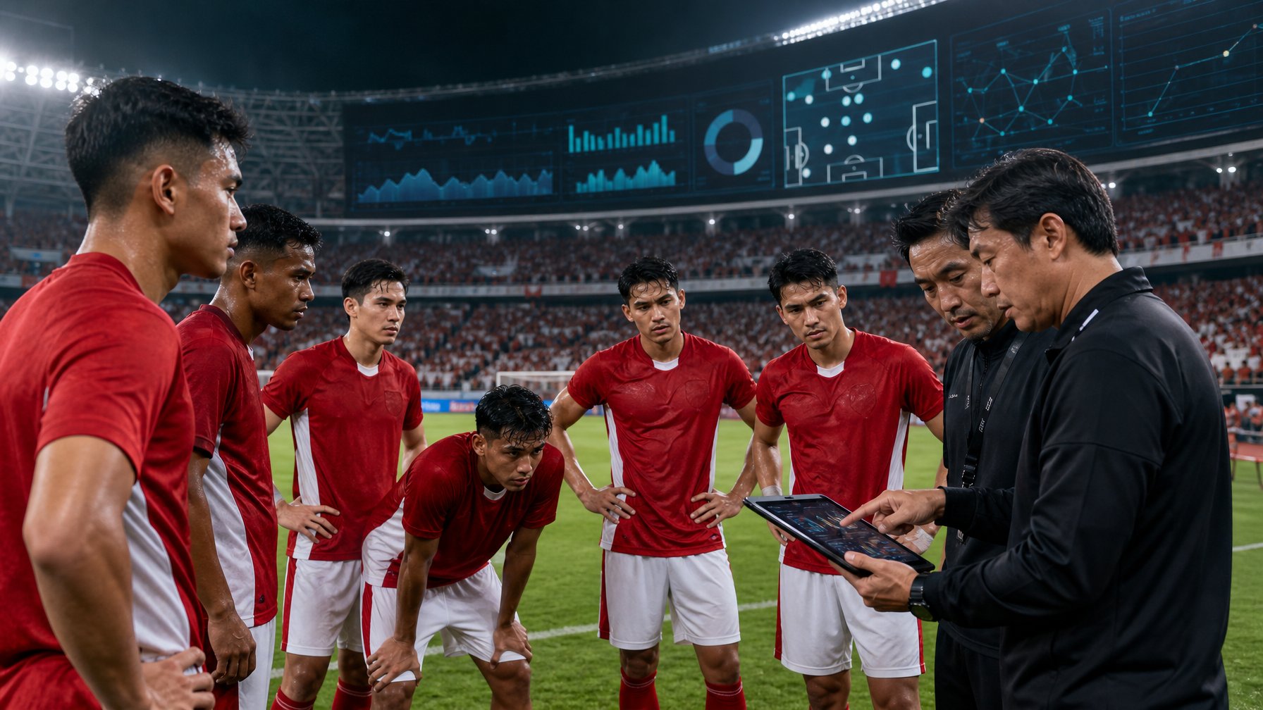 Para pemain tim nasional Indonesia berdiskusi dengan pelatih di lapangan setelah pertandingan di stadion.