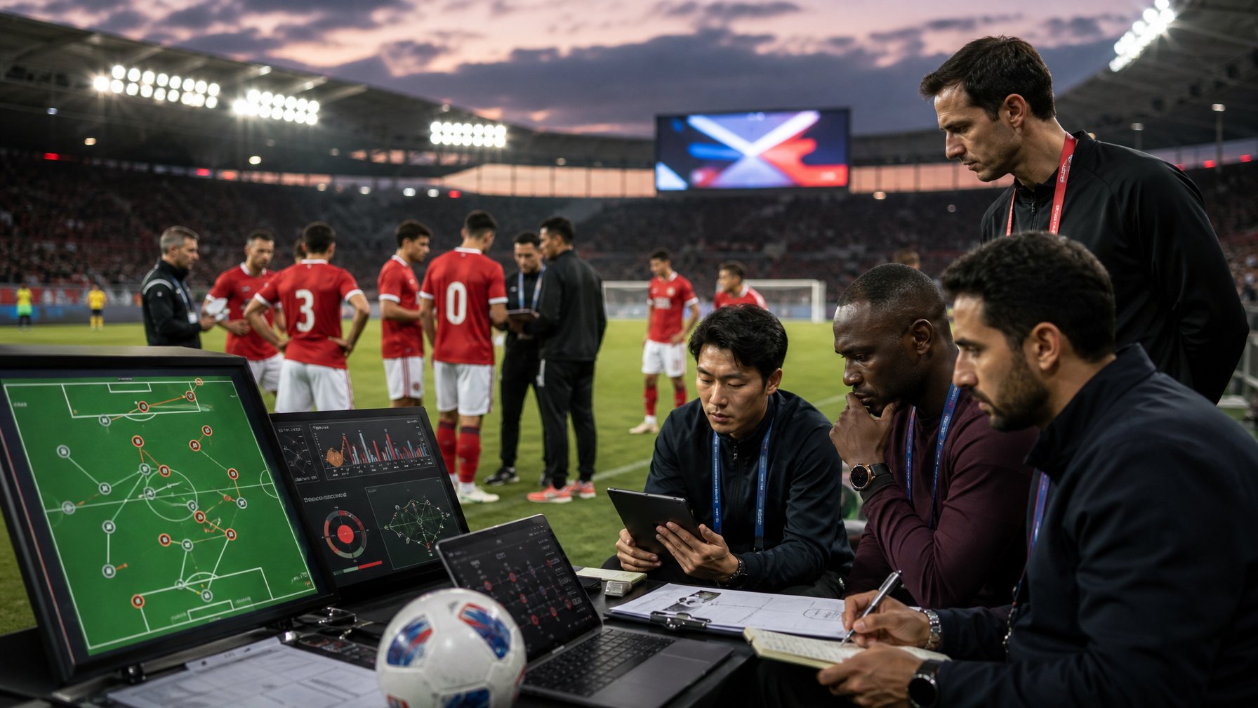 Tim nasional sepak bola Indonesia berdiskusi dengan pelatih dan analis di lapangan stadion setelah pertandingan.