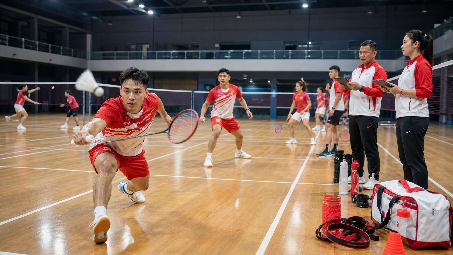 Atlet bulu tangkis Indonesia berlatih dalam sesi persiapan bersama pelatih di arena olahraga.