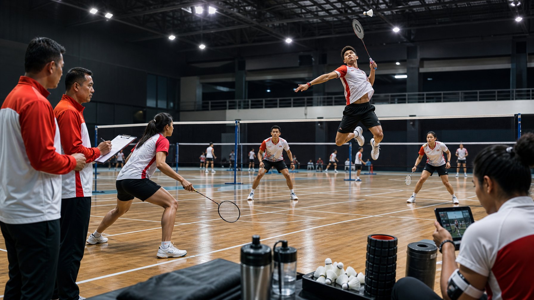 Atlet bulutangkis Indonesia berlatih intensif di arena indoor dengan arahan pelatih dan dukungan tim sport science.