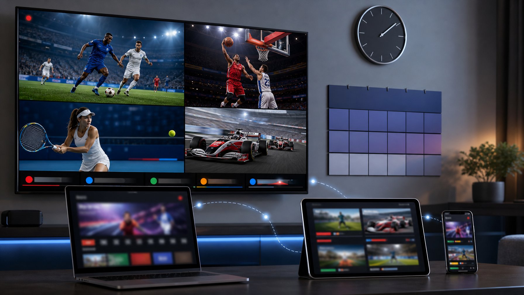 Perangkat digital menampilkan siaran langsung berbagai pertandingan olahraga dalam suasana modern.