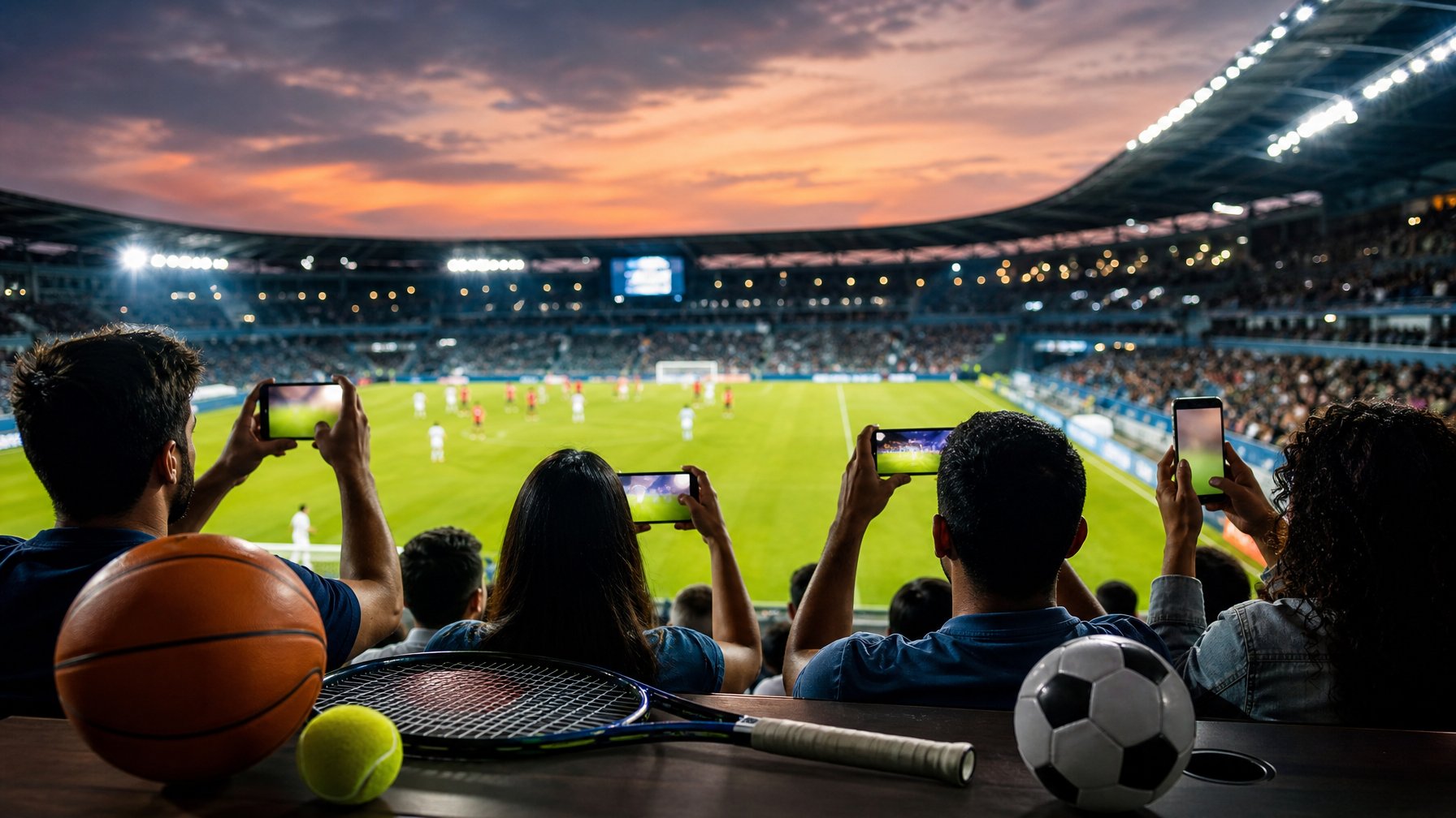 Suasana stadion dengan pertandingan sepak bola, penonton, dan perangkat untuk menonton siaran langsung.