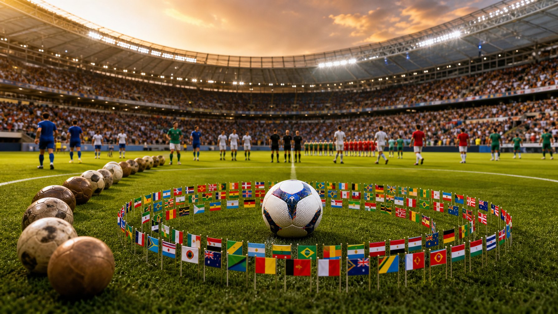 Stadion sepak bola modern dipenuhi penonton dan dikelilingi bendera berbagai negara, dengan bola serta pemain di lapangan.