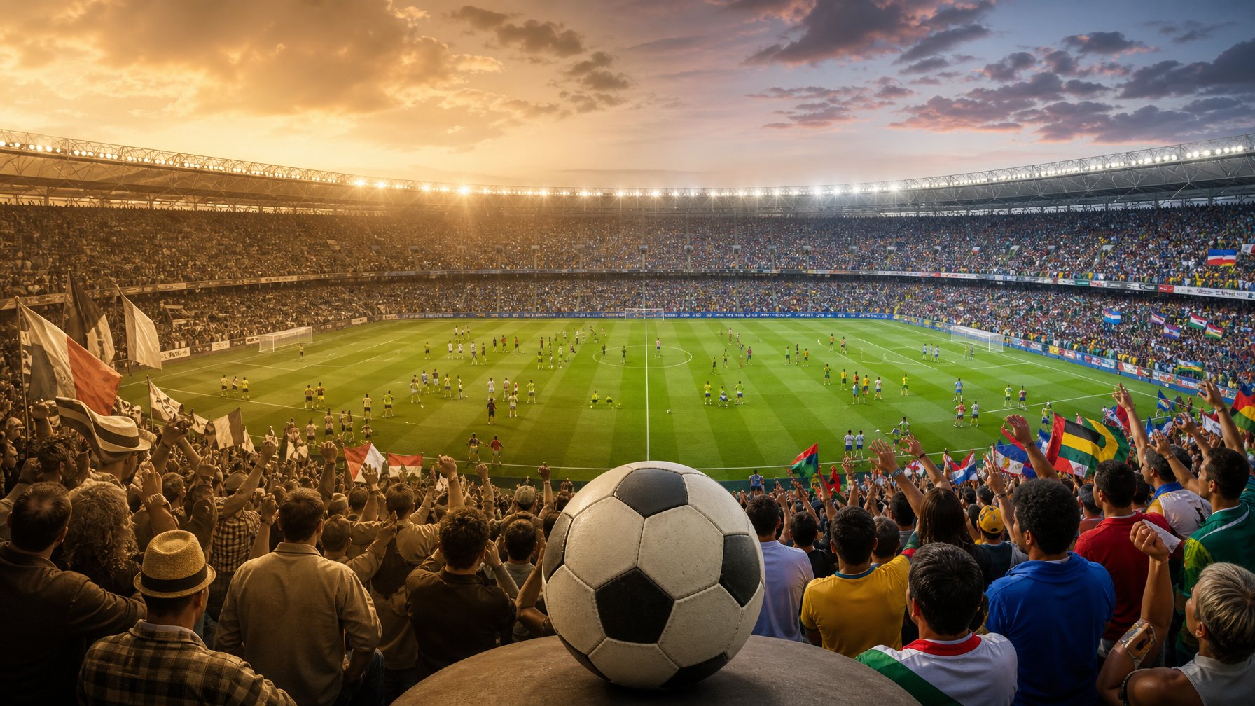 Suasana stadion sepak bola modern dengan para pendukung dari berbagai negara merayakan turnamen dunia yang melibatkan banyak tim.