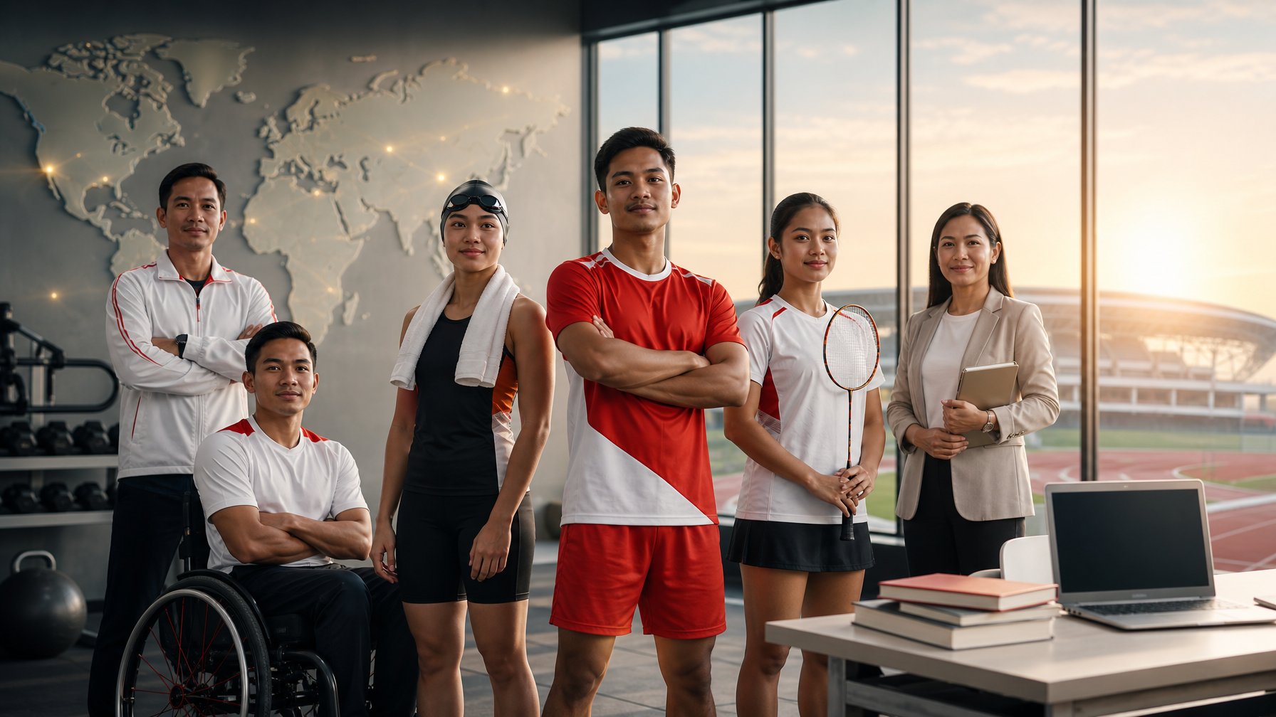 Sekelompok atlet Indonesia berprestasi berlatih bersama pelatih dan mentor pendidikan di fasilitas olahraga modern.