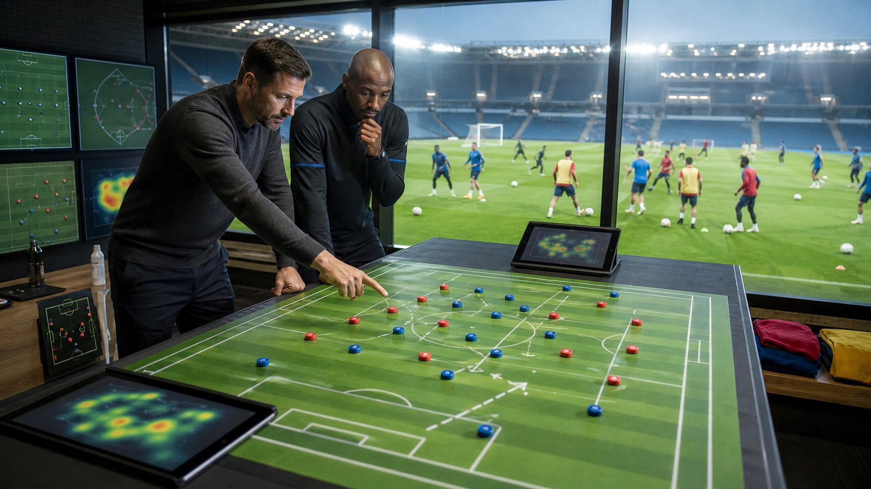 Pelatih dan analis olahraga mempelajari susunan pemain serta strategi pertandingan di ruang analisis stadion.