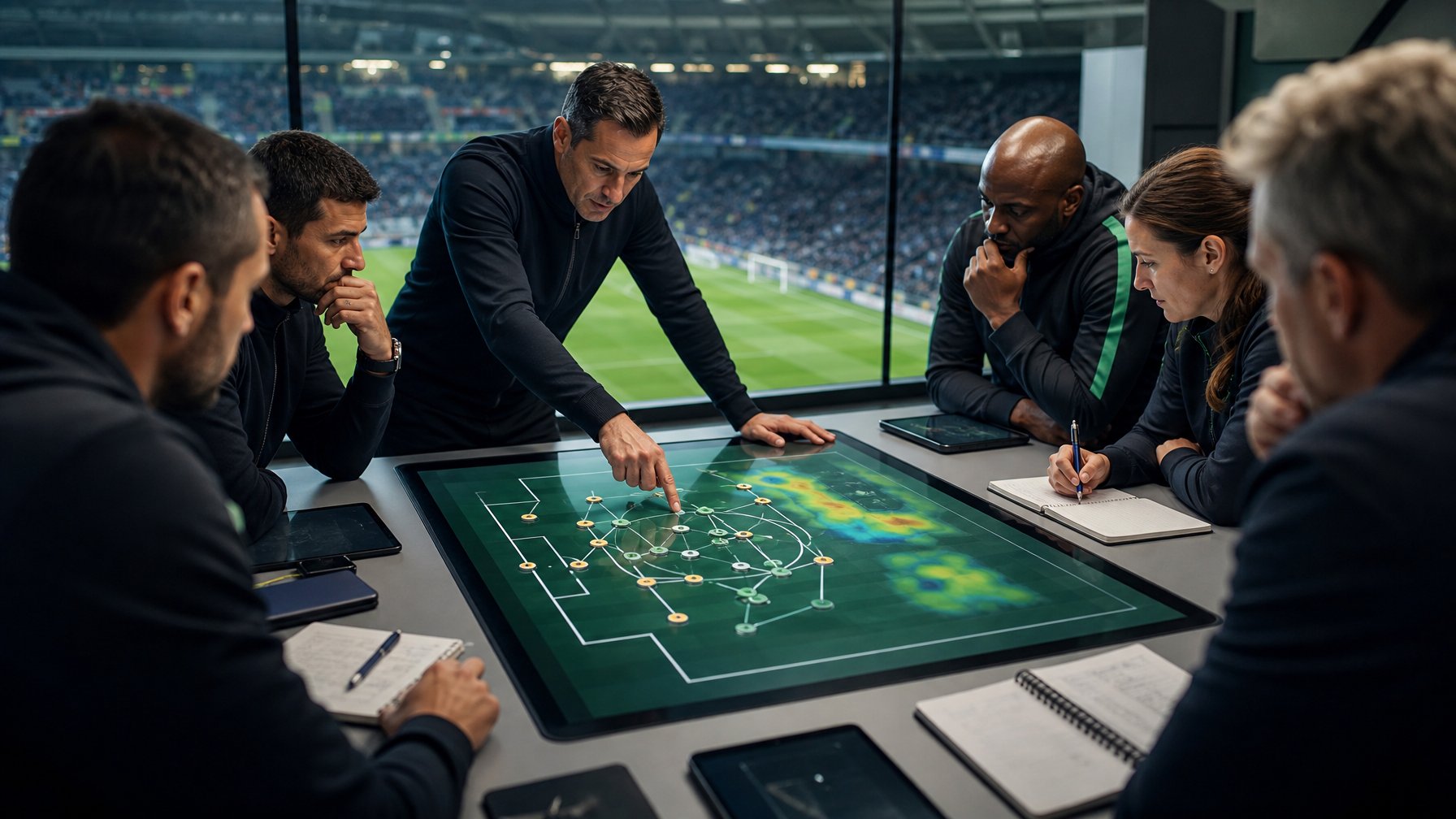 Pelatih dan analis olahraga membahas formasi serta strategi pertandingan di depan papan taktik digital dalam stadion.