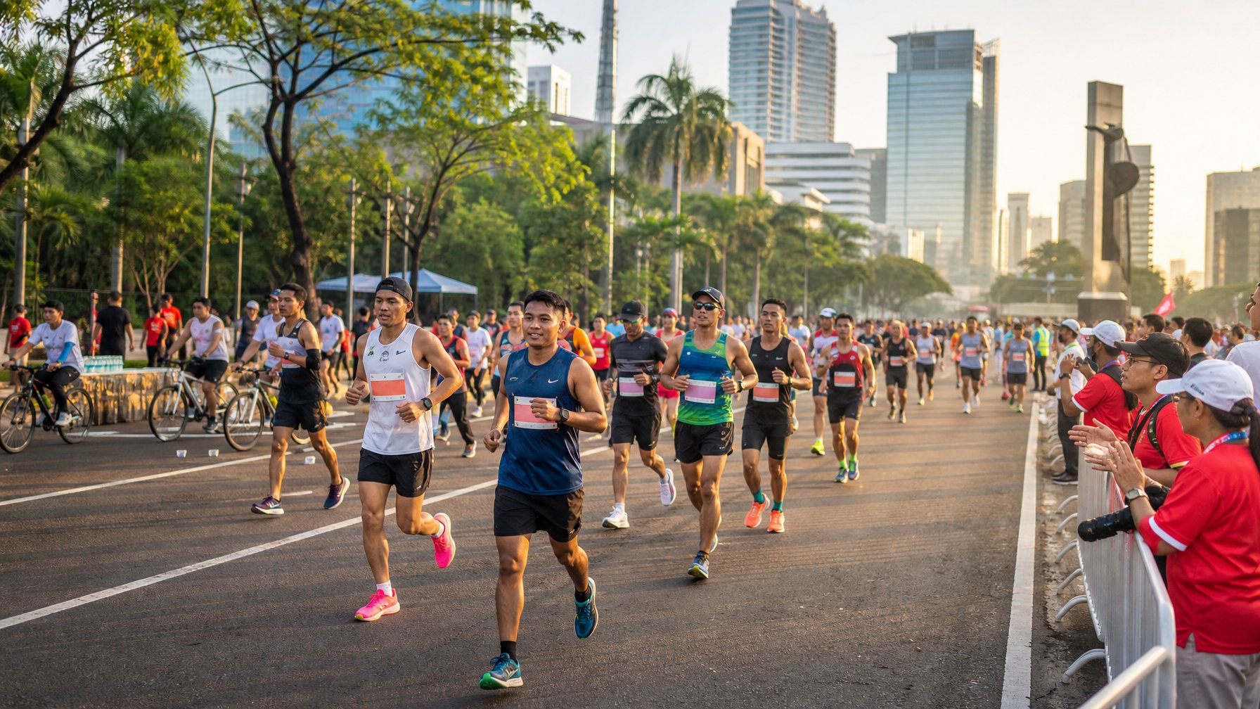 Pelari dari berbagai kalangan mengikuti lomba maraton di jalan kota dengan dukungan relawan, pesepeda, dan penonton.