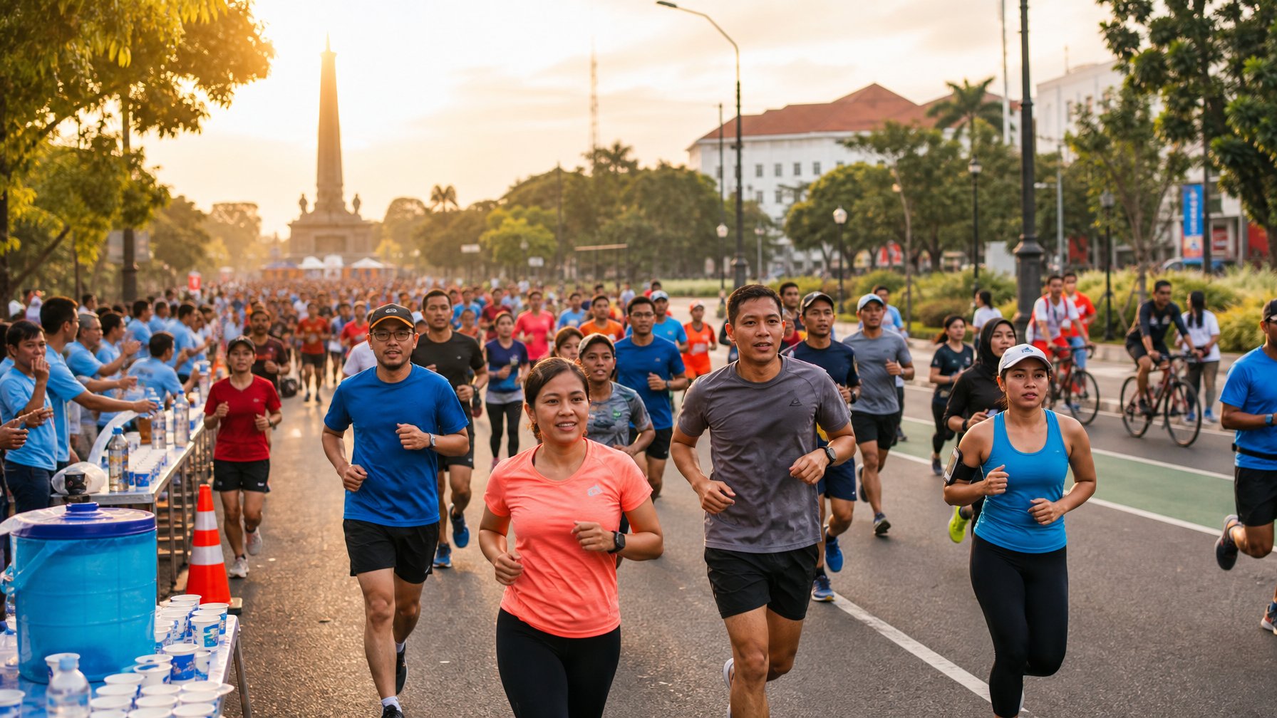 Peserta dari berbagai usia mengikuti lomba maraton di jalan kota dengan dukungan penonton dan relawan.
