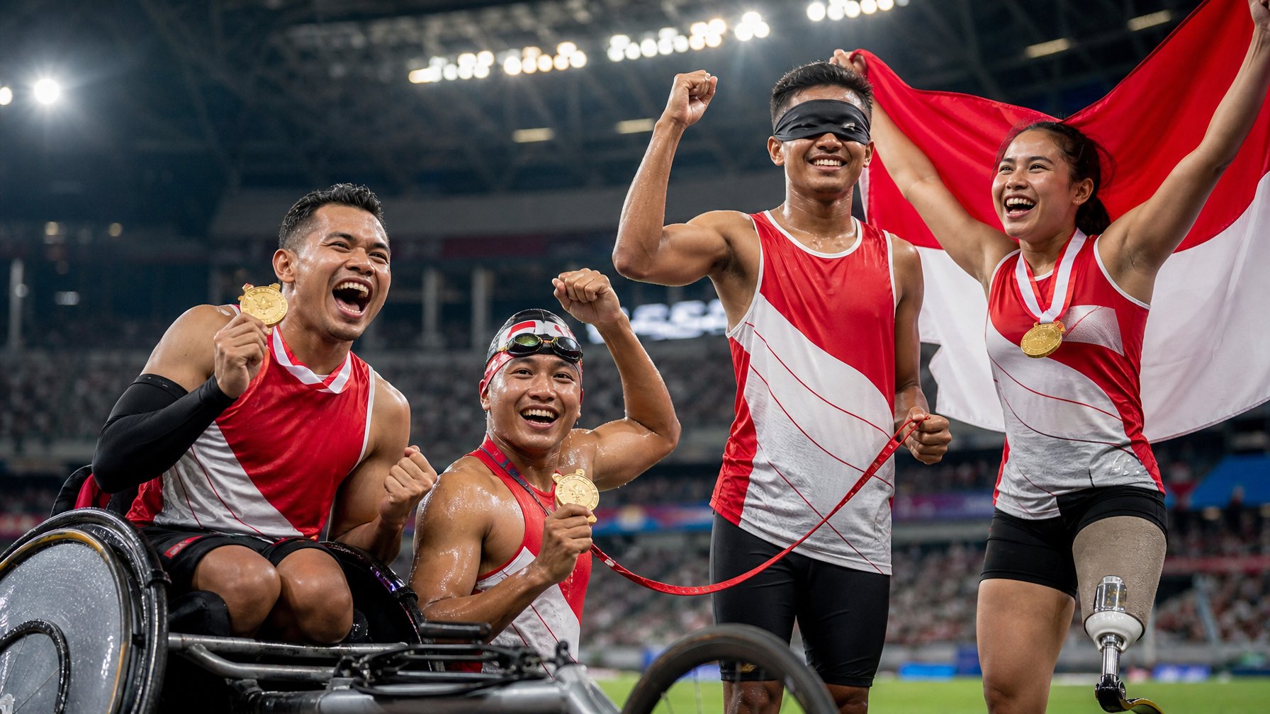 Atlet difabel Indonesia merayakan keberhasilan bersama di stadion sambil membawa medali dan bendera merah putih.