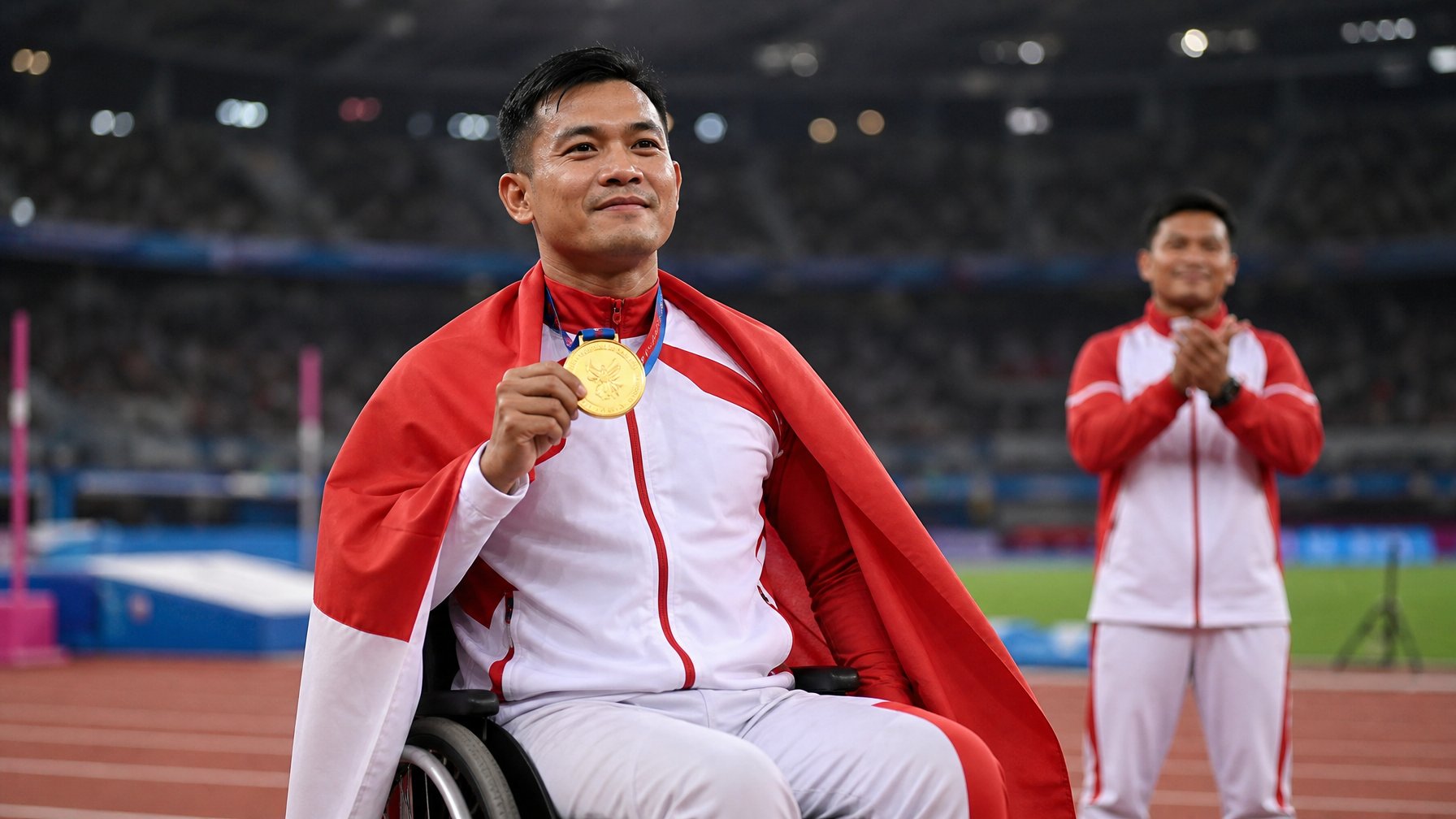 Atlet difabel Indonesia berdiri bangga di arena olahraga sambil memegang medali dan mengenakan bendera Merah Putih.