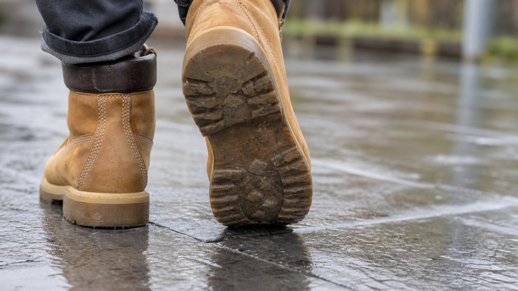 Sepasang sepatu bot dengan sol yang aus berada di atas permukaan jalan yang basah dan licin.