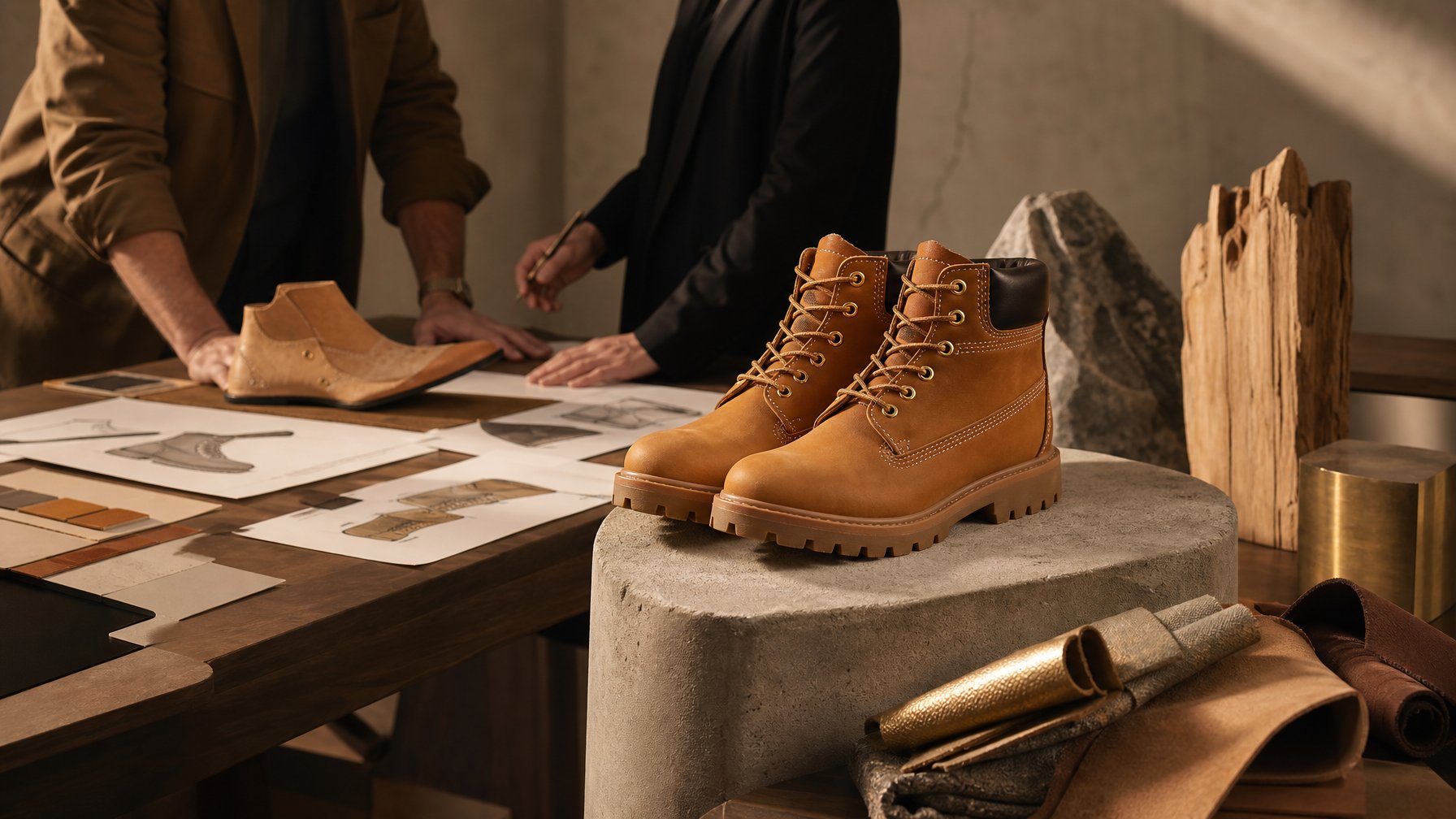 Sepasang sepatu bot kulit premium dipajang bersama bahan desain dan aksesori mode di ruang kerja kolaboratif.