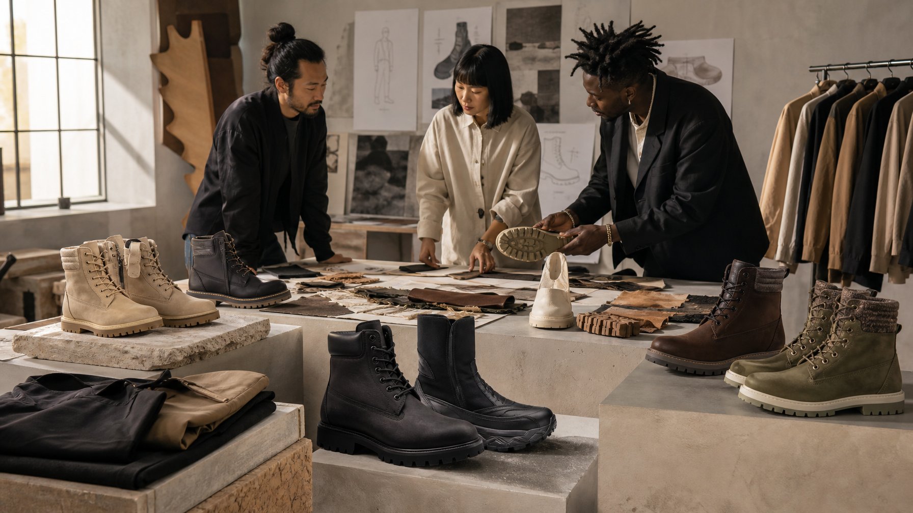 Para desainer berdiskusi di studio bersama koleksi sepatu bot dan bahan desain.