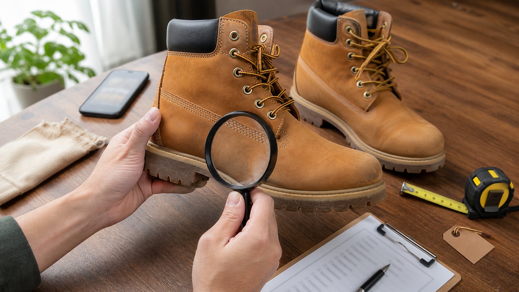 Tangan memeriksa sepasang sepatu bot bekas dengan kaca pembesar di atas meja.