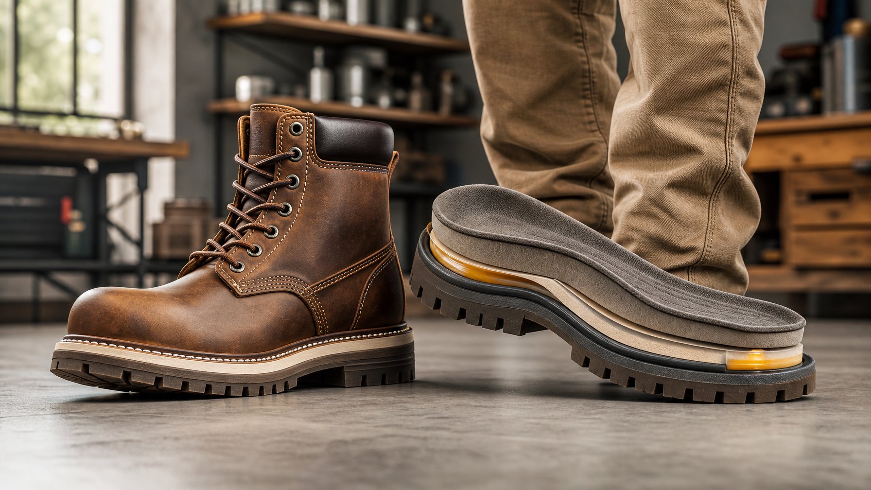 Sepasang sepatu boots kerja cokelat dengan sol tebal dan empuk berada di lantai bengkel, di samping kaki seorang pekerja.