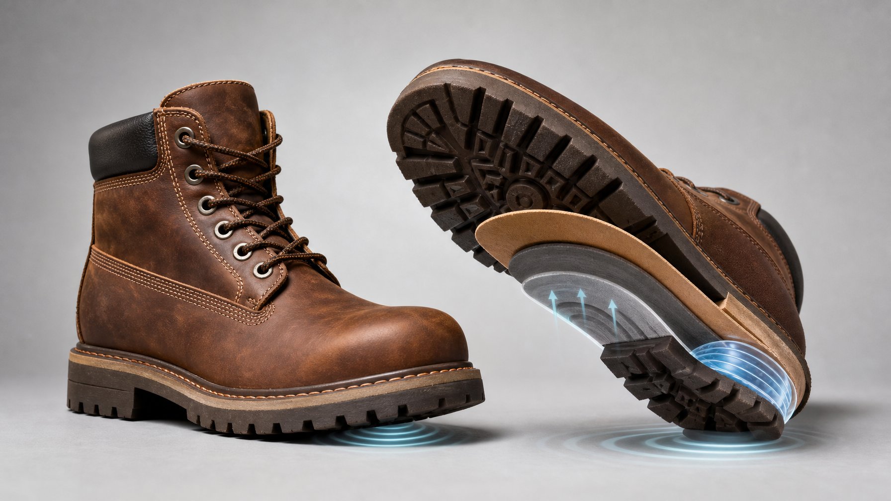 Sepatu boots kerja dengan tampilan potongan sol yang memperlihatkan lapisan bantalan penyerap guncangan.