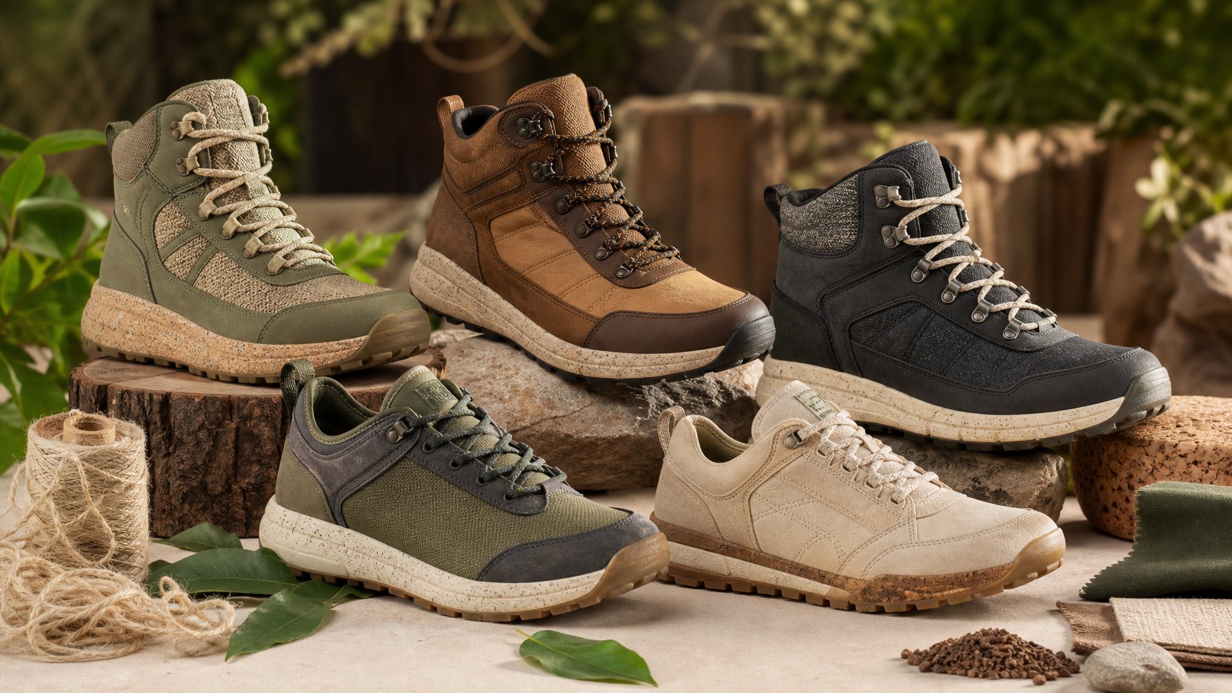 Koleksi sepatu bot dan sepatu luar ruang berbahan ramah lingkungan ditata di atas permukaan alami dengan daun dan bahan daur ulang.