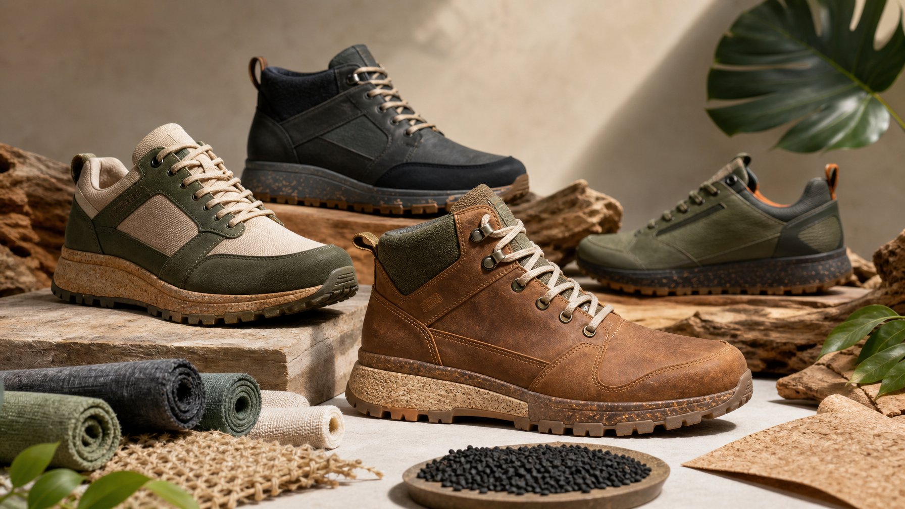Beberapa sepatu luar ruang modern dikelilingi bahan alami dan bahan daur ulang di atas permukaan bernuansa bumi.