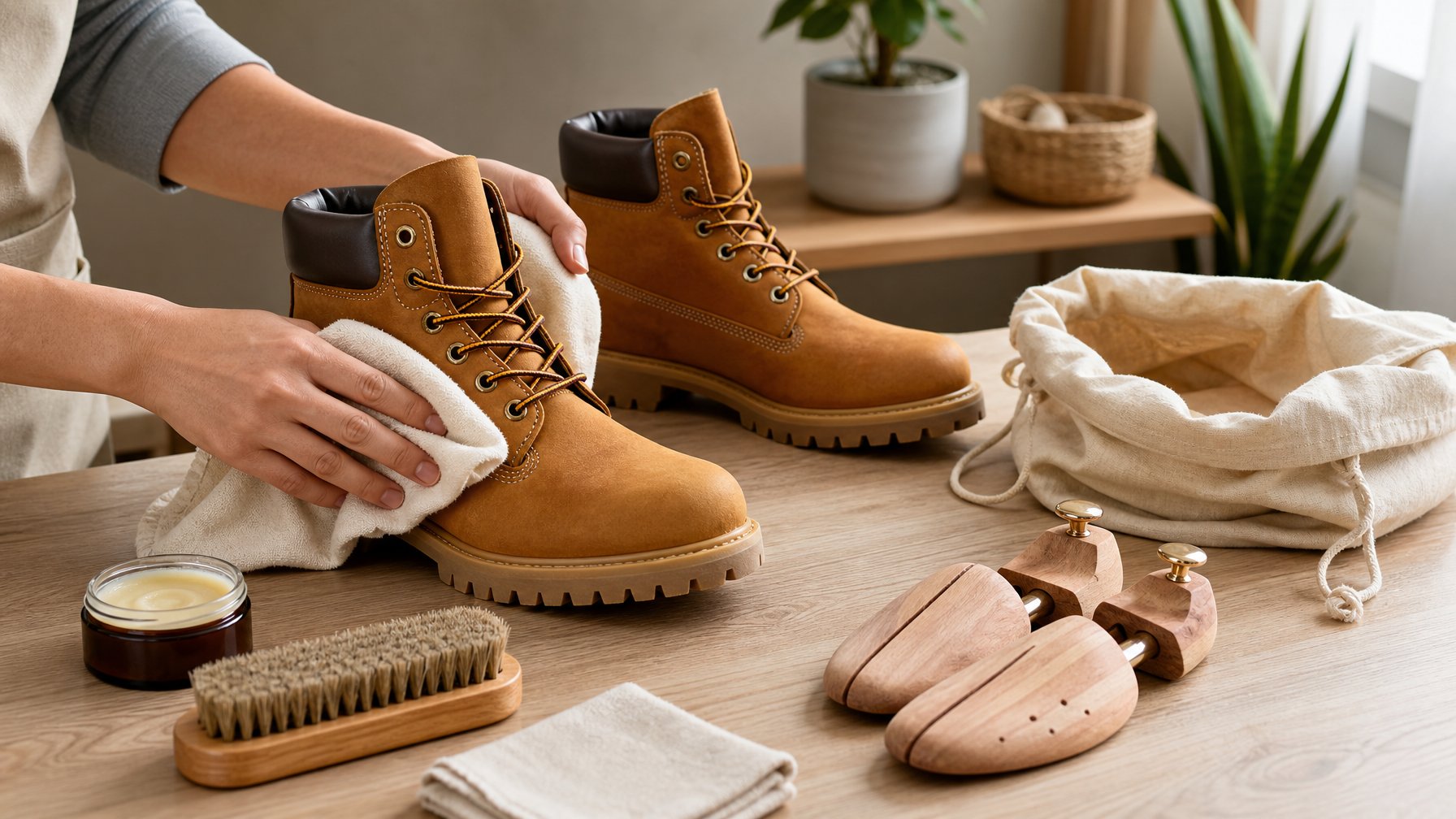 Sepasang sepatu bot kulit sedang dibersihkan sebelum disimpan bersama perlengkapan perawatan di atas meja kayu.