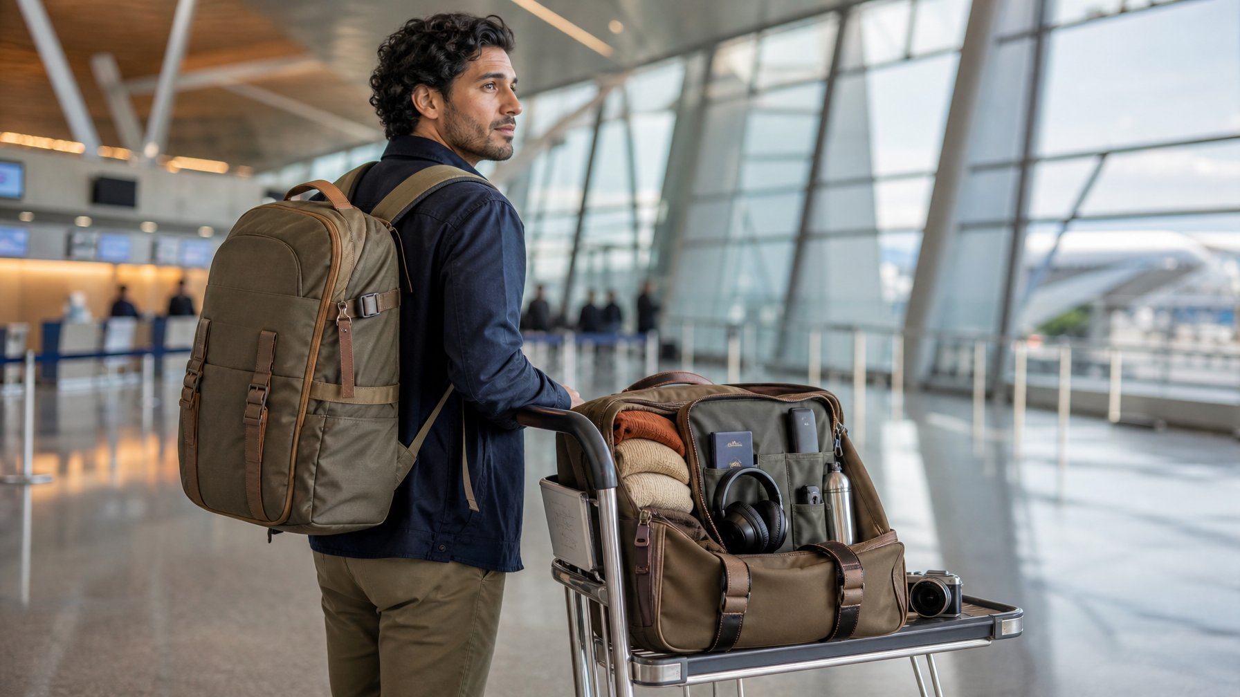 Pelancong membawa ransel dan tas multifungsi di terminal bandara dengan perlengkapan perjalanan yang tertata.