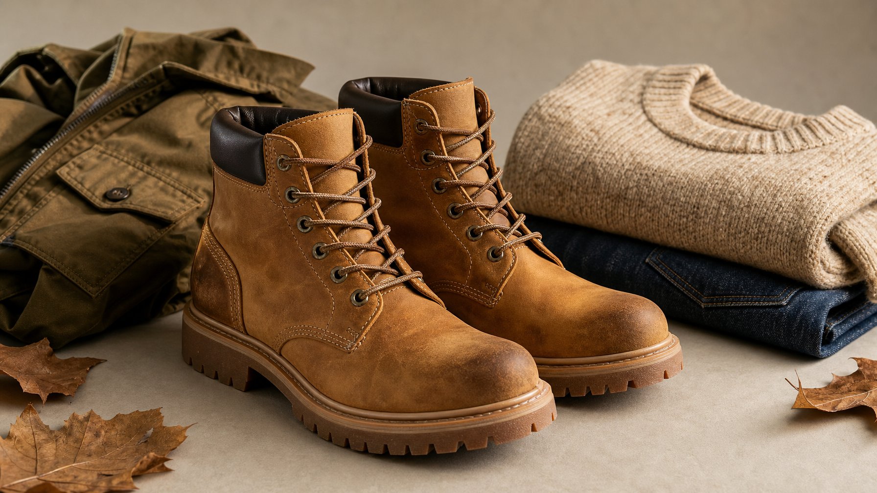 Sepasang sepatu boots kulit berwarna cokelat muda diletakkan bersama pakaian kasual dan daun musim gugur.