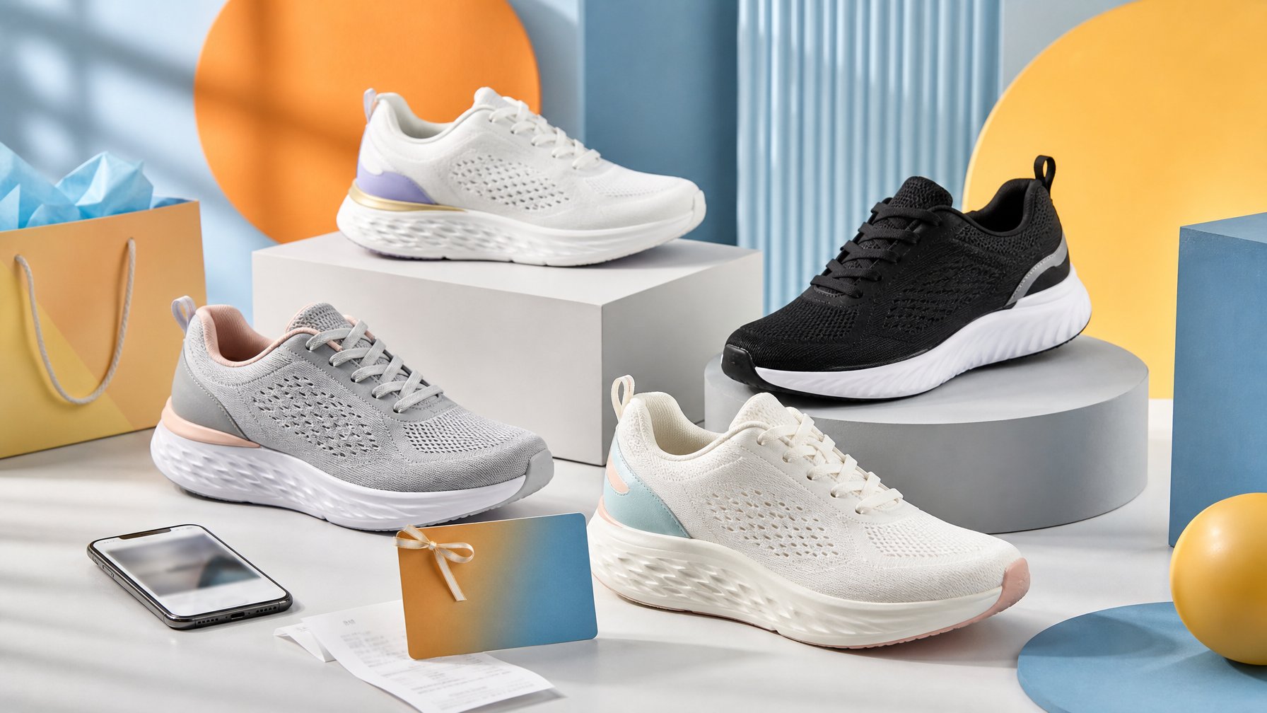 Beberapa pasang sepatu olahraga tersusun di atas dudukan dengan kartu voucher dan perlengkapan belanja di sekitarnya.