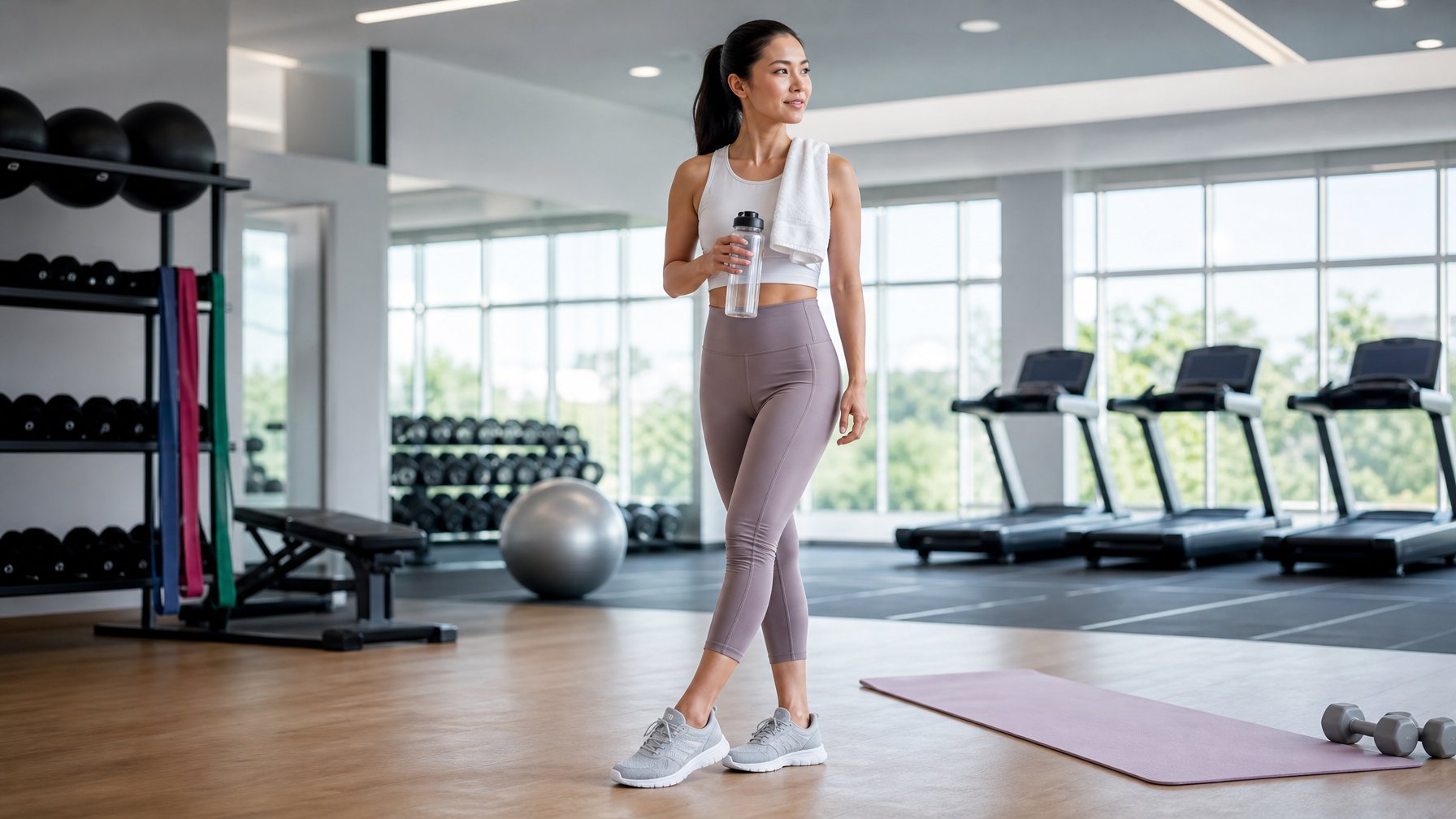 Seorang wanita berolahraga mengenakan sepatu atletik di studio kebugaran dengan area treadmill, peralatan gym, dan matras senam.