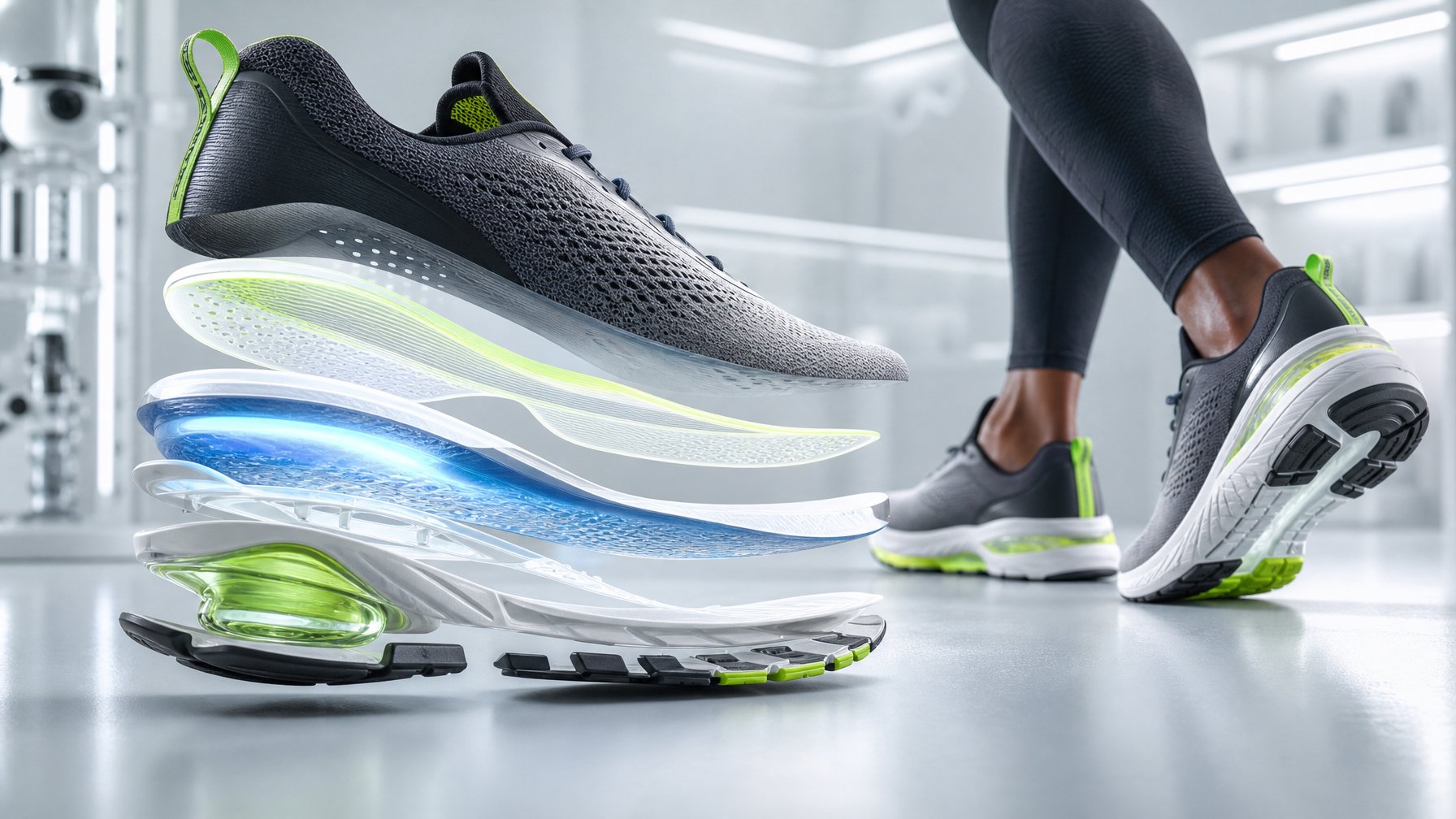Sepatu olahraga modern ditampilkan dengan lapisan yang memperlihatkan teknologi bantalan, ventilasi, dan struktur penunjang.