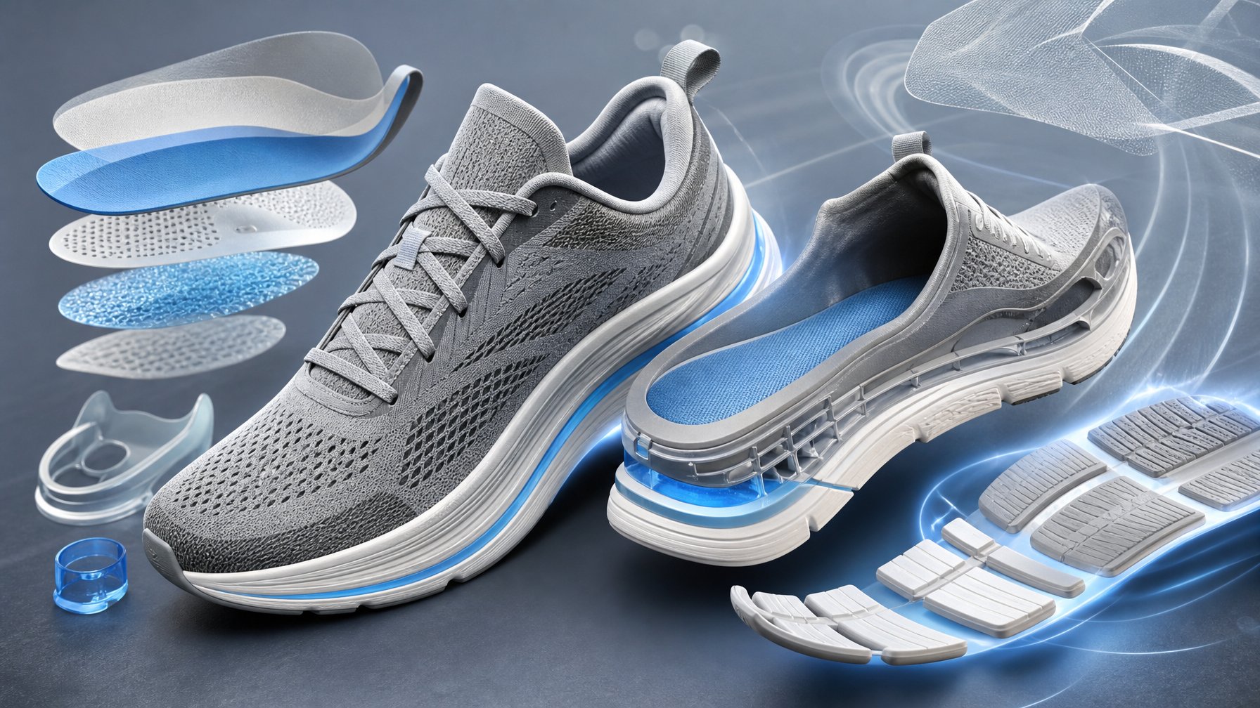 Sepasang sepatu olahraga modern dengan tampilan bagian dalam dan lapisan teknologi bantalan, sol fleksibel, serta bahan bernapas.