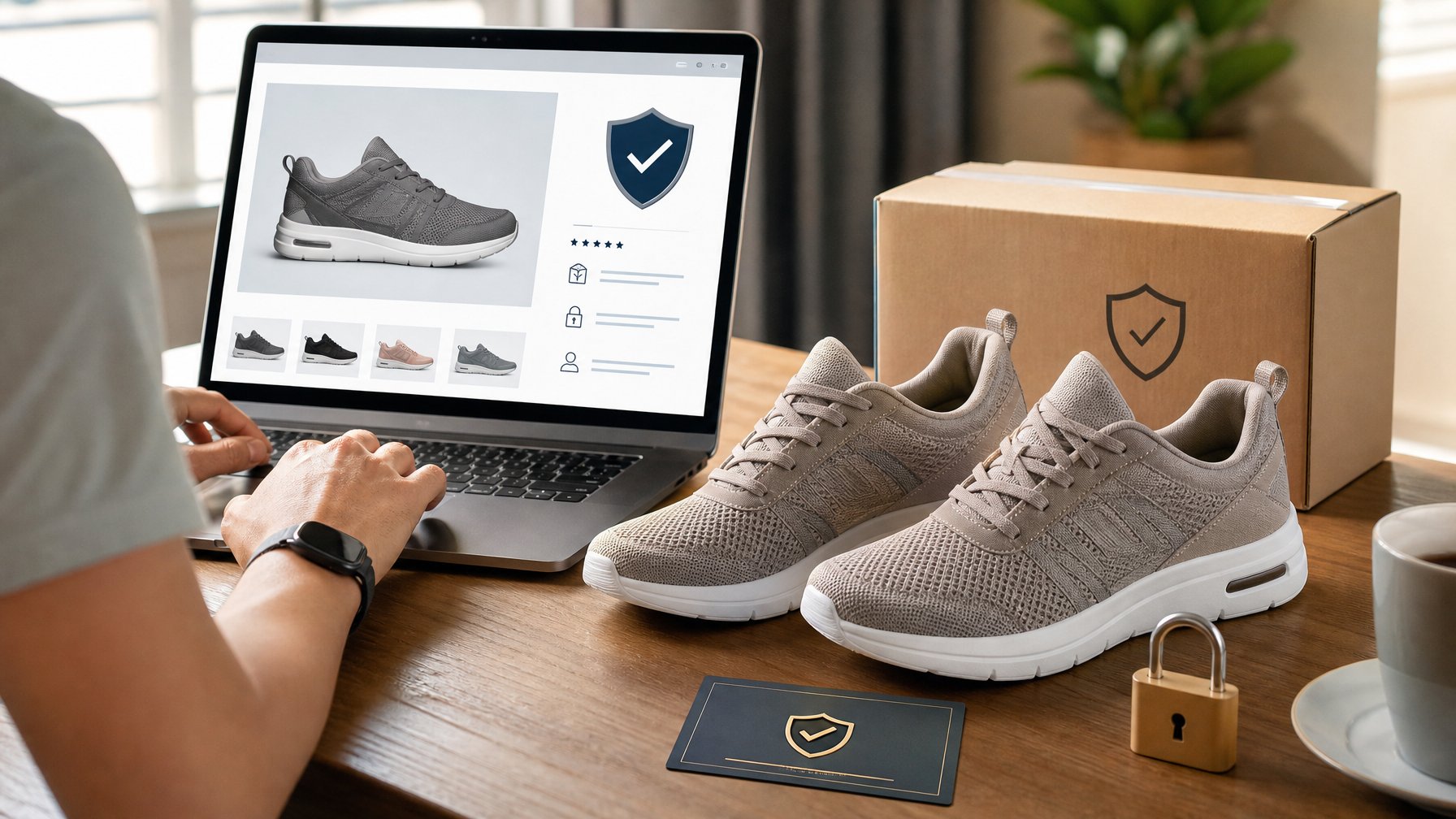 Seseorang berbelanja sepatu olahraga secara berani dengan laptop, disertai kotak pengiriman dan kartu garansi resmi.