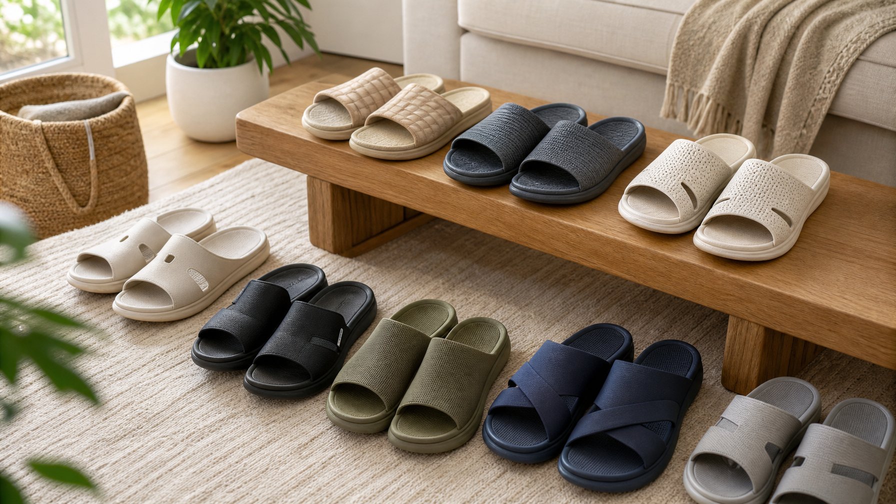 Beragam sandal dan sepatu slip-on tertata rapi di ruang tamu yang terang.