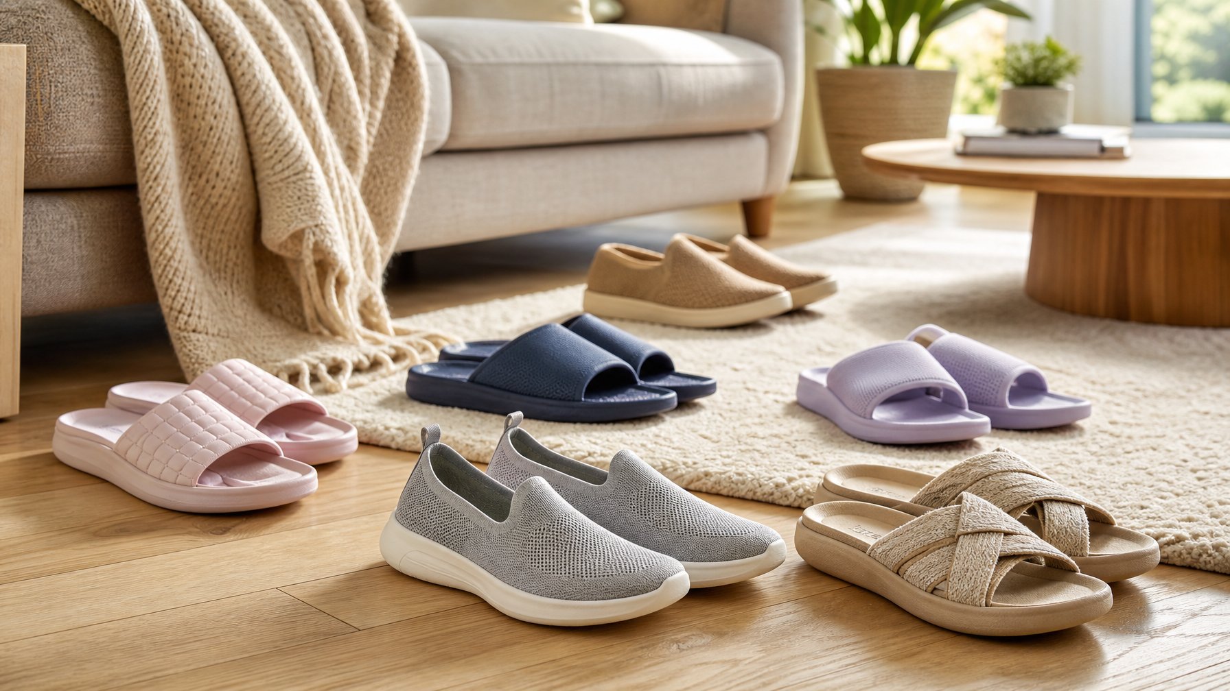 Beragam sandal dan sepatu slip-on nyaman tertata di ruang tamu rumah yang hangat.