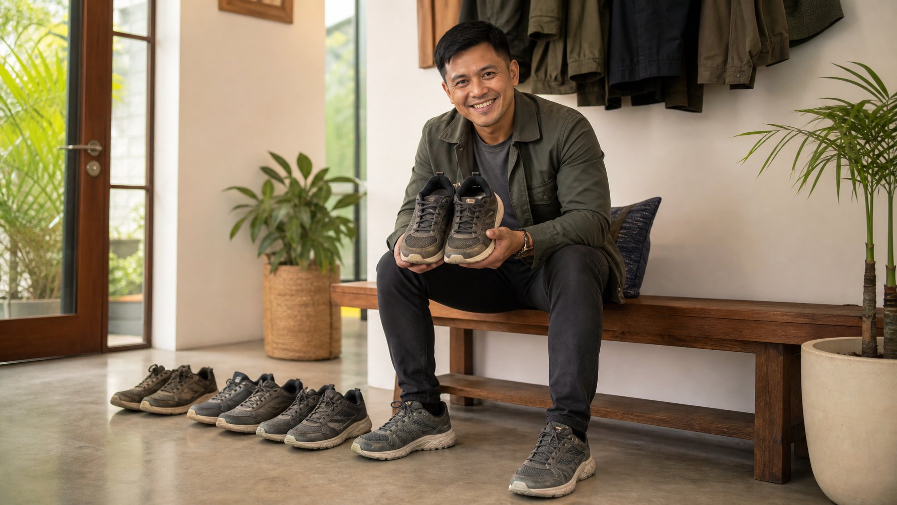 Seorang pengguna tersenyum sambil memegang sepatu olahraga yang telah lama dipakai di dalam rumah.