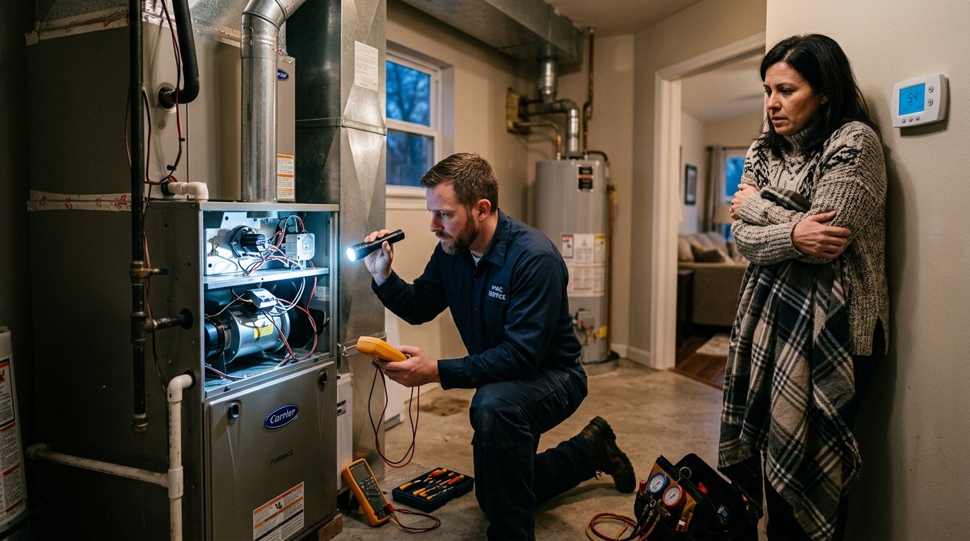 An HVAC technician urgently repairs a home furnace while a bundled-up homeowner waits nearby.