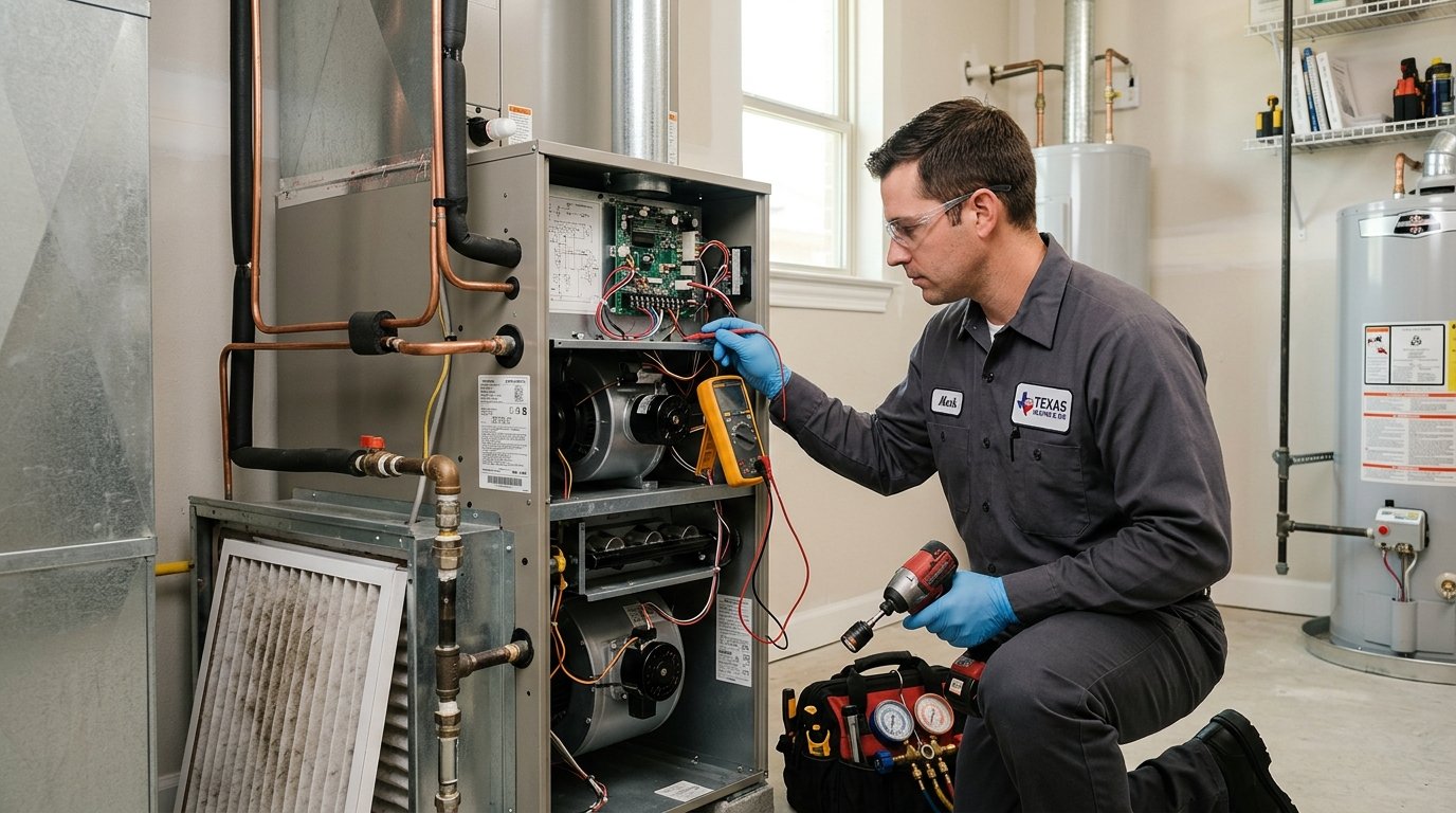 HVAC technician inspecting a residential furnace and heat pump system.