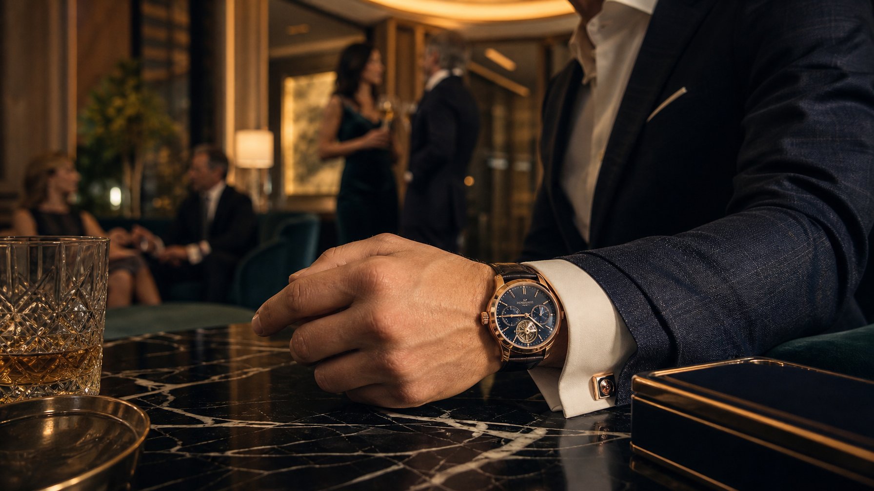 Tangan seseorang dengan jam mewah berdiri di atas meja marmer dalam suasana lounge eksklusif dengan tamu berpakaian formal di latar belakang.