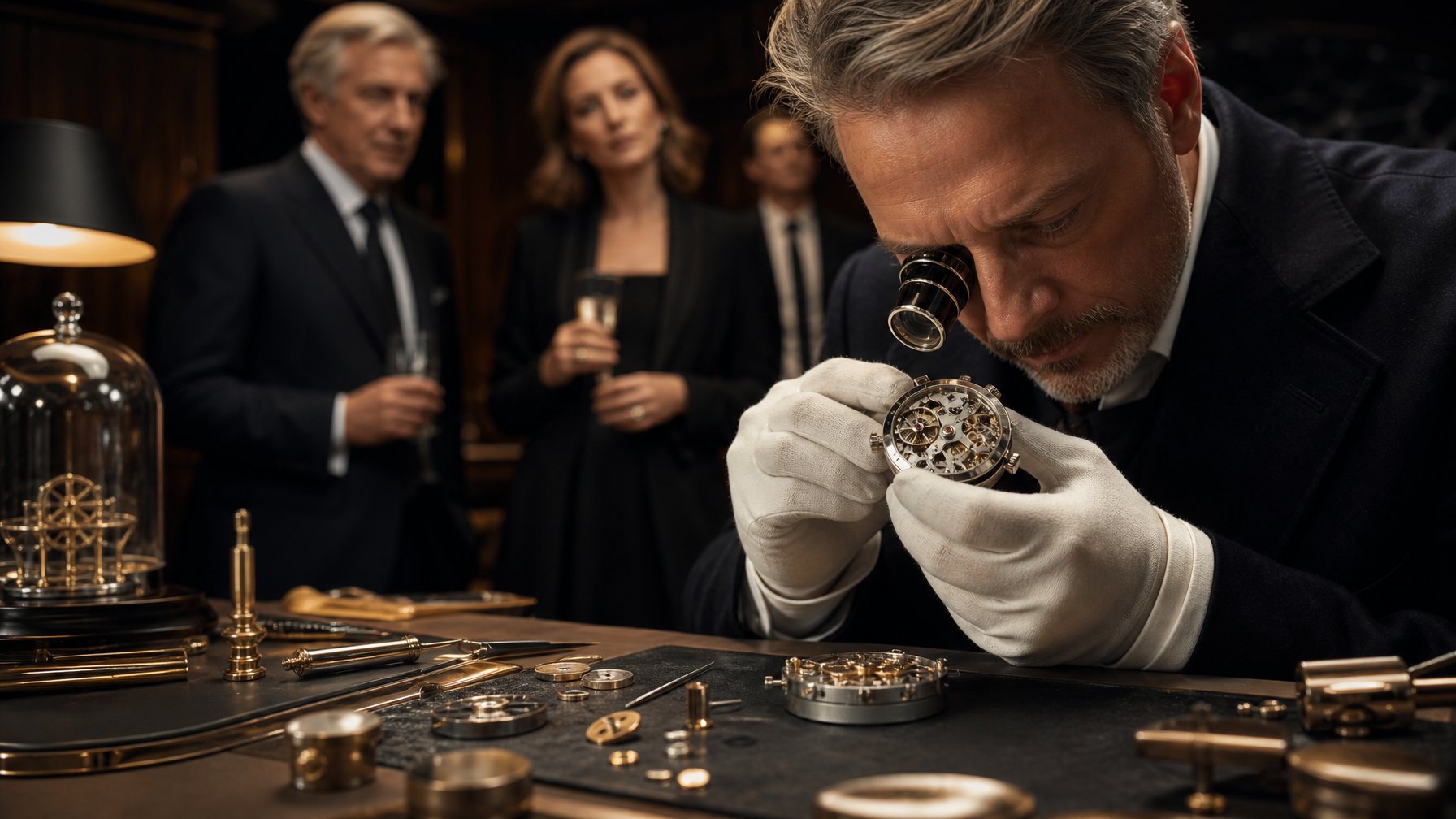 Seorang pembuat jam memeriksa mekanisme jam tangan mewah di dalam atelier Swiss yang elegan.