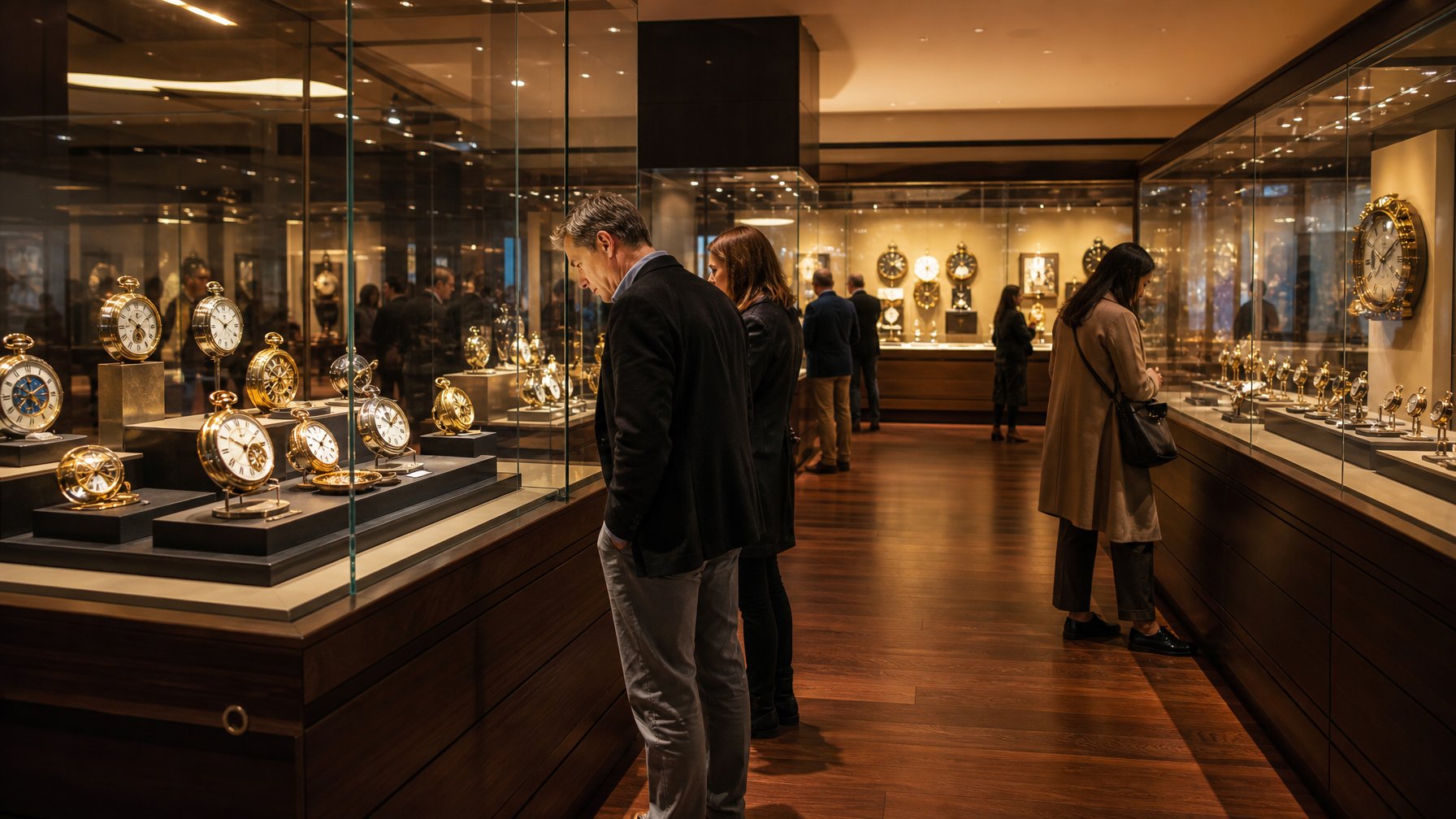 Pengunjung mengamati koleksi jam antik dan mekanisme horologi di ruang pamer museum.