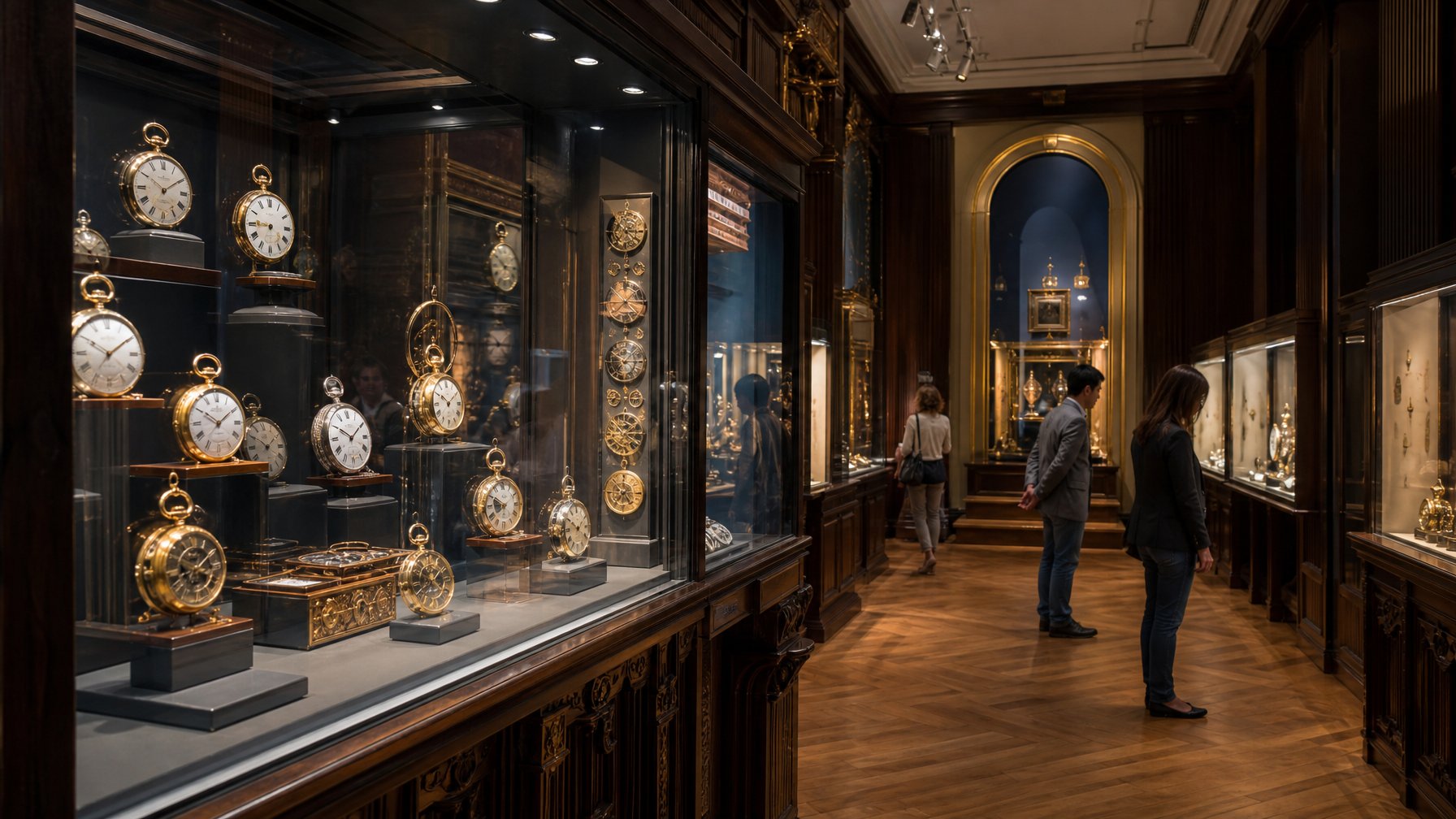 Pengunjung mengamati koleksi jam antik dan mekanisme arloji di Museum Patek Philippe di Jenewa.