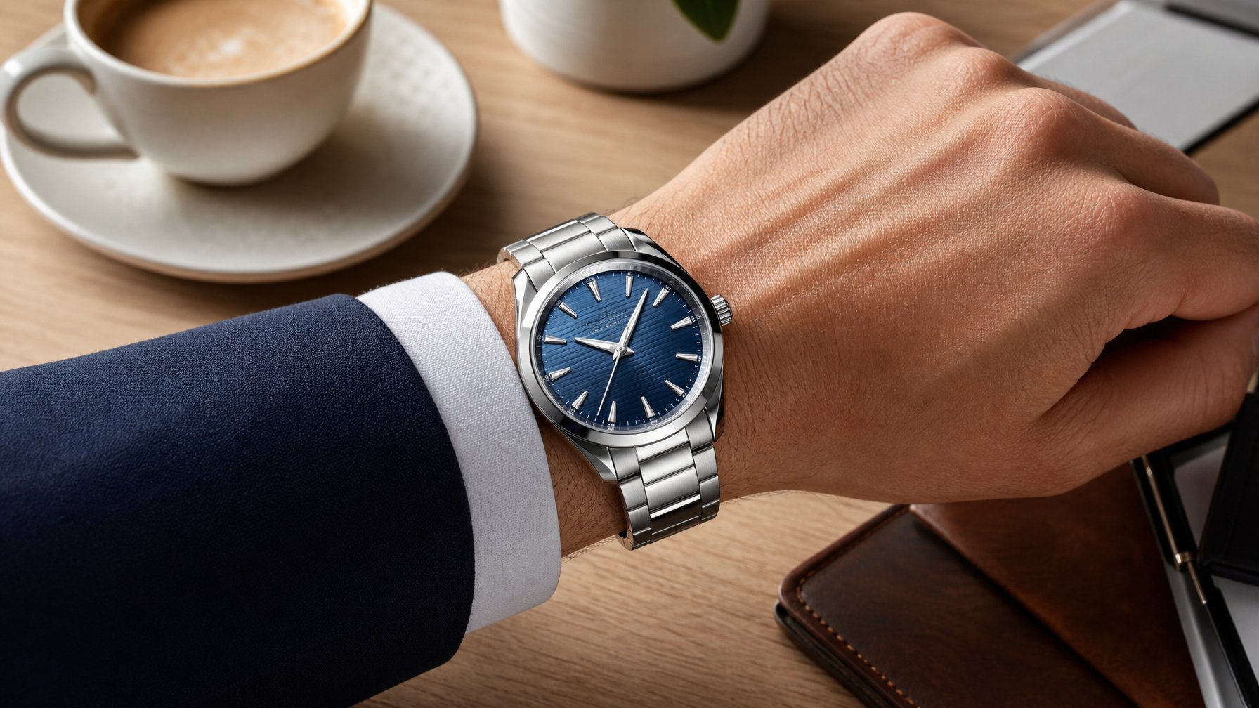 Jam tangan mewah berwarna perak dikenakan di pergelangan tangan dalam suasana meja kerja yang elegan.