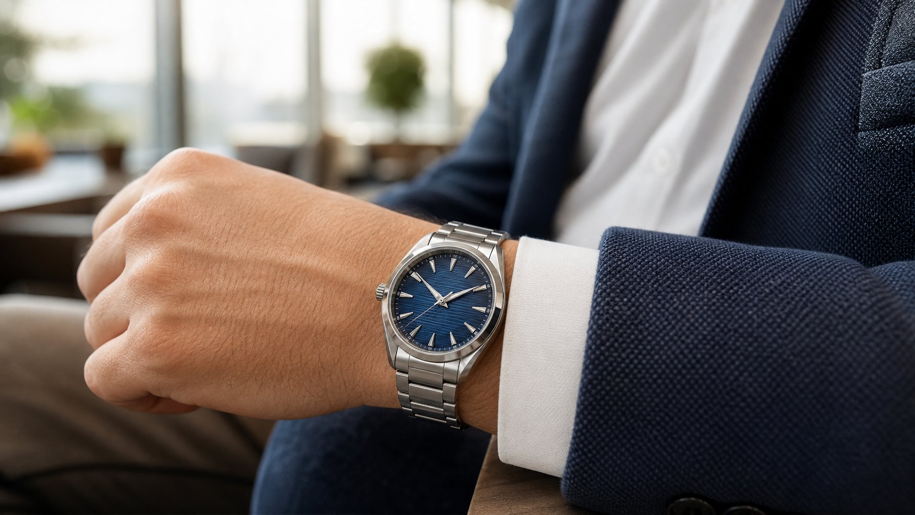 Jam tangan mewah berwarna baja dikenakan pada pergelangan tangan dengan pakaian formal kasual di lingkungan modern.