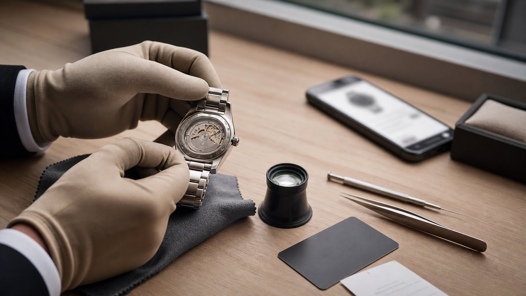 Jam tangan mewah bekas diperiksa dengan kaca pembesar dan alat pemeriksa di atas meja.