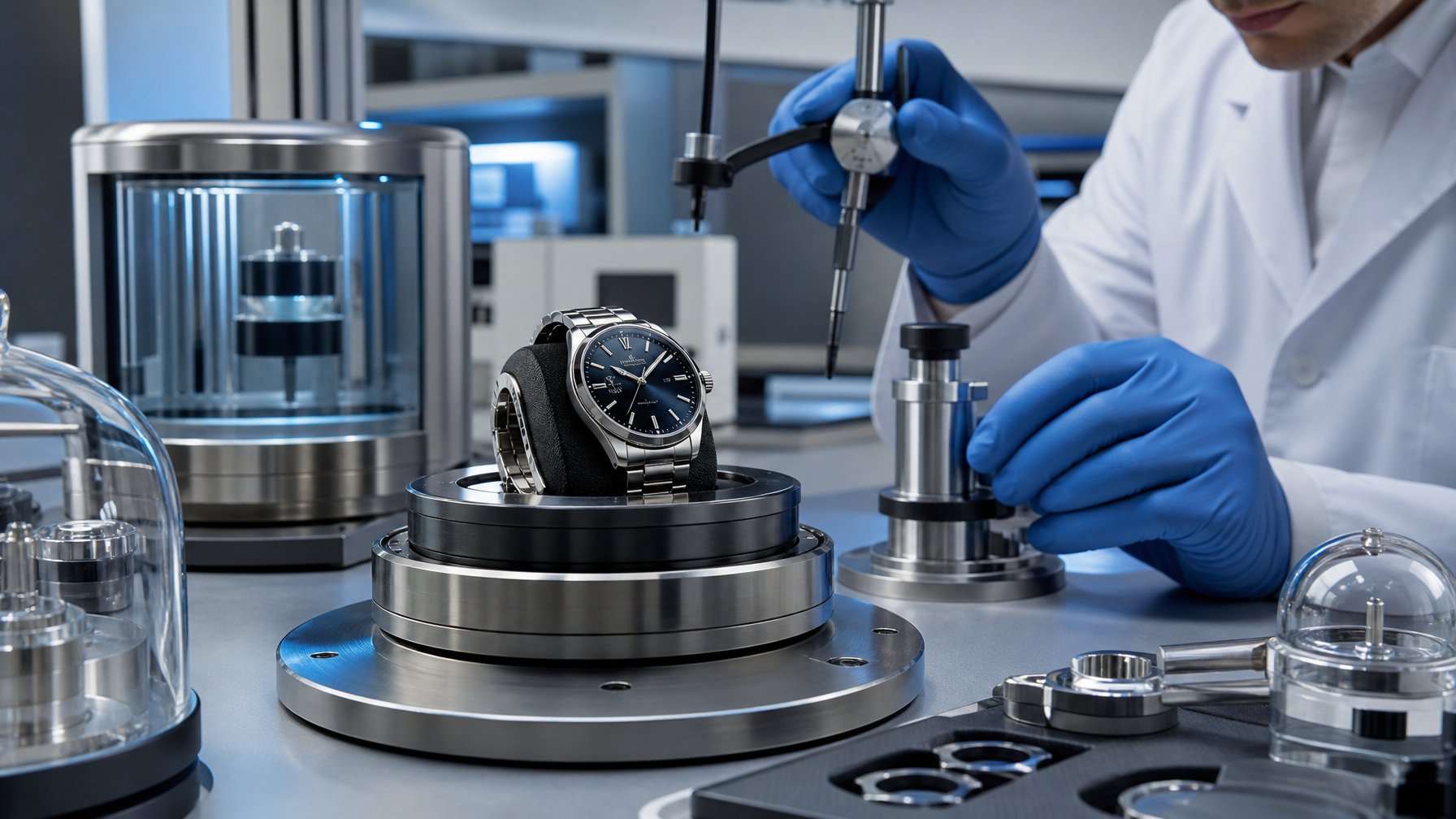 Jam tangan mekanis mewah sedang diperiksa oleh teknisi di laboratorium pengujian presisi.