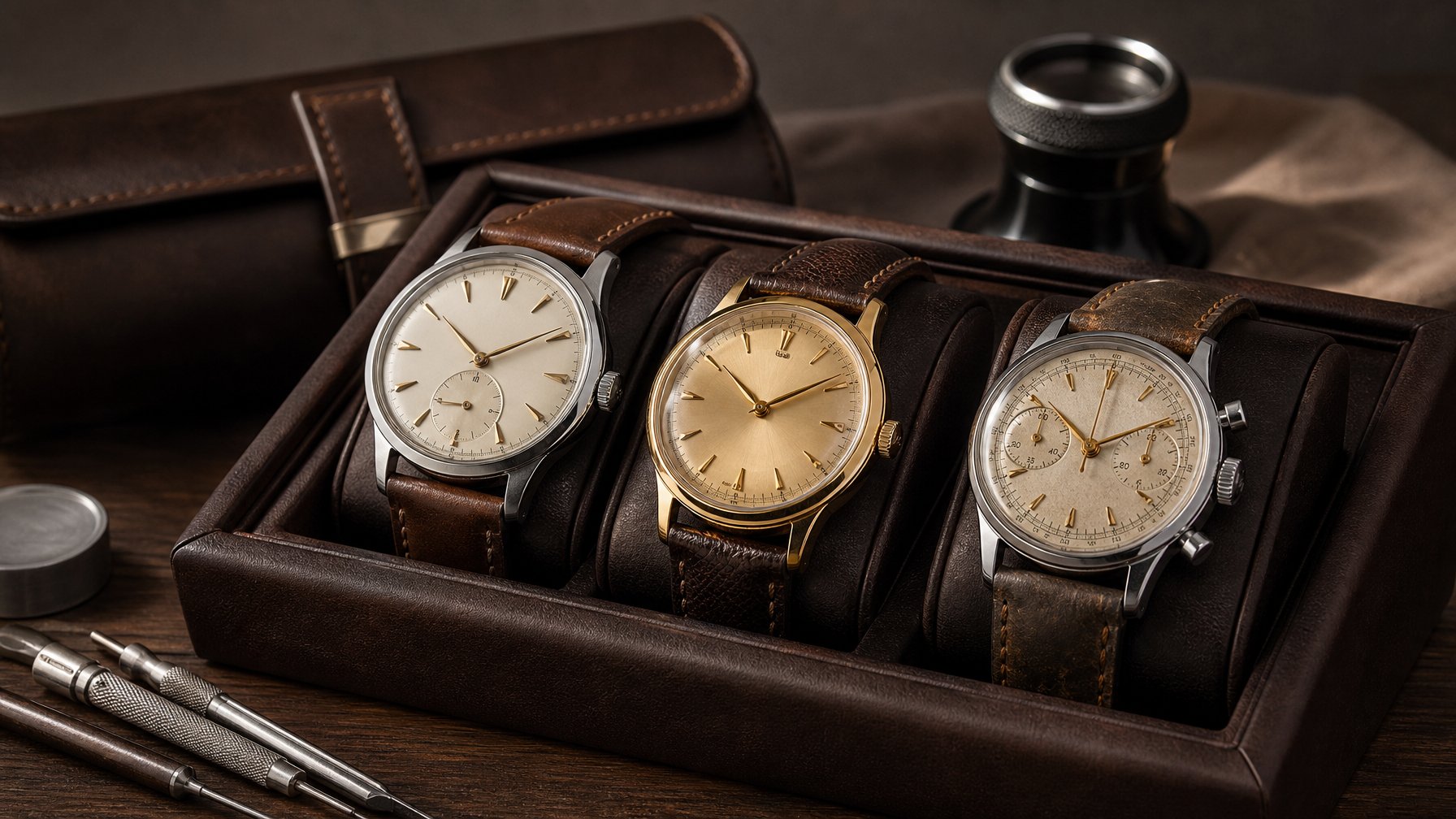 Beberapa jam tangan vintage klasik tertata di atas baki kulit dan permukaan kayu.