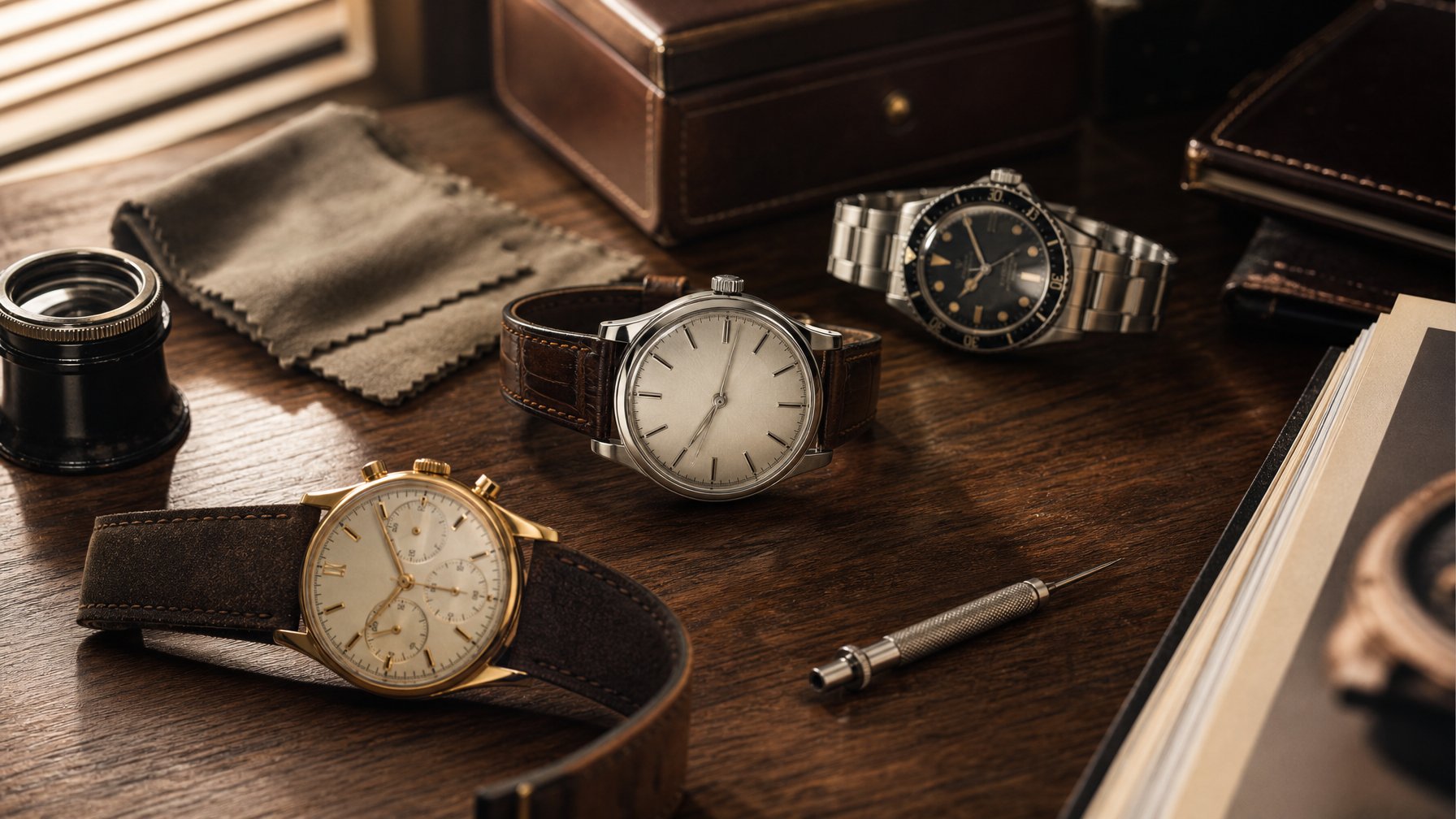 Beberapa jam tangan vintage klasik tertata di atas meja kayu bersama perlengkapan perawatan jam.