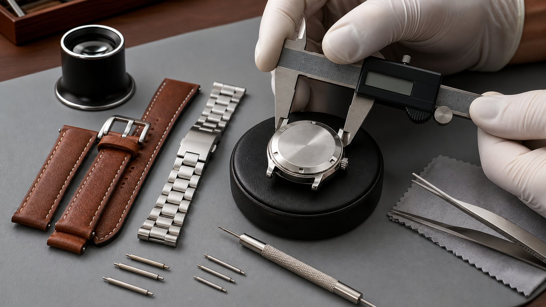 Teknisi memeriksa kecocokan tali kulit dan rantai logam untuk jam tangan Omega di meja kerja.