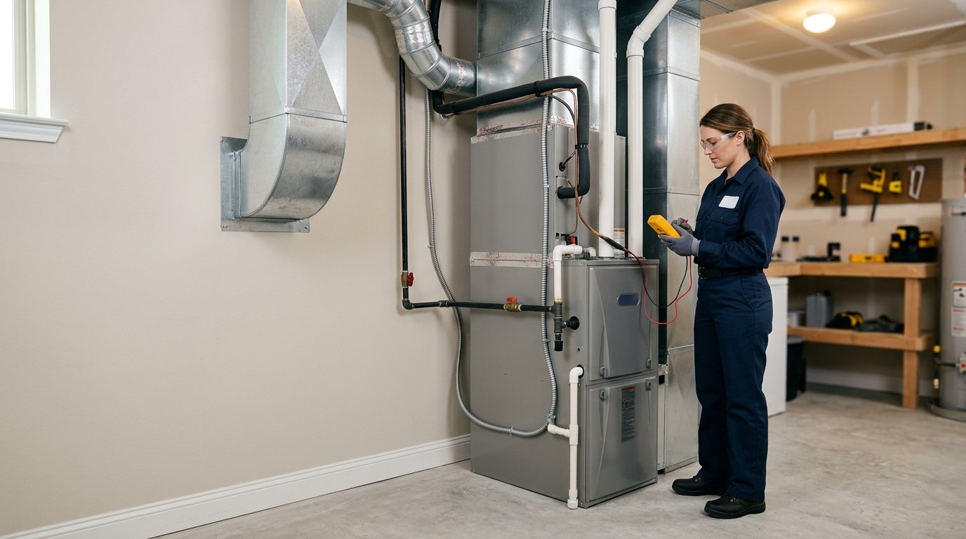 HVAC technician inspecting a newly installed furnace in a clean residential utility room.